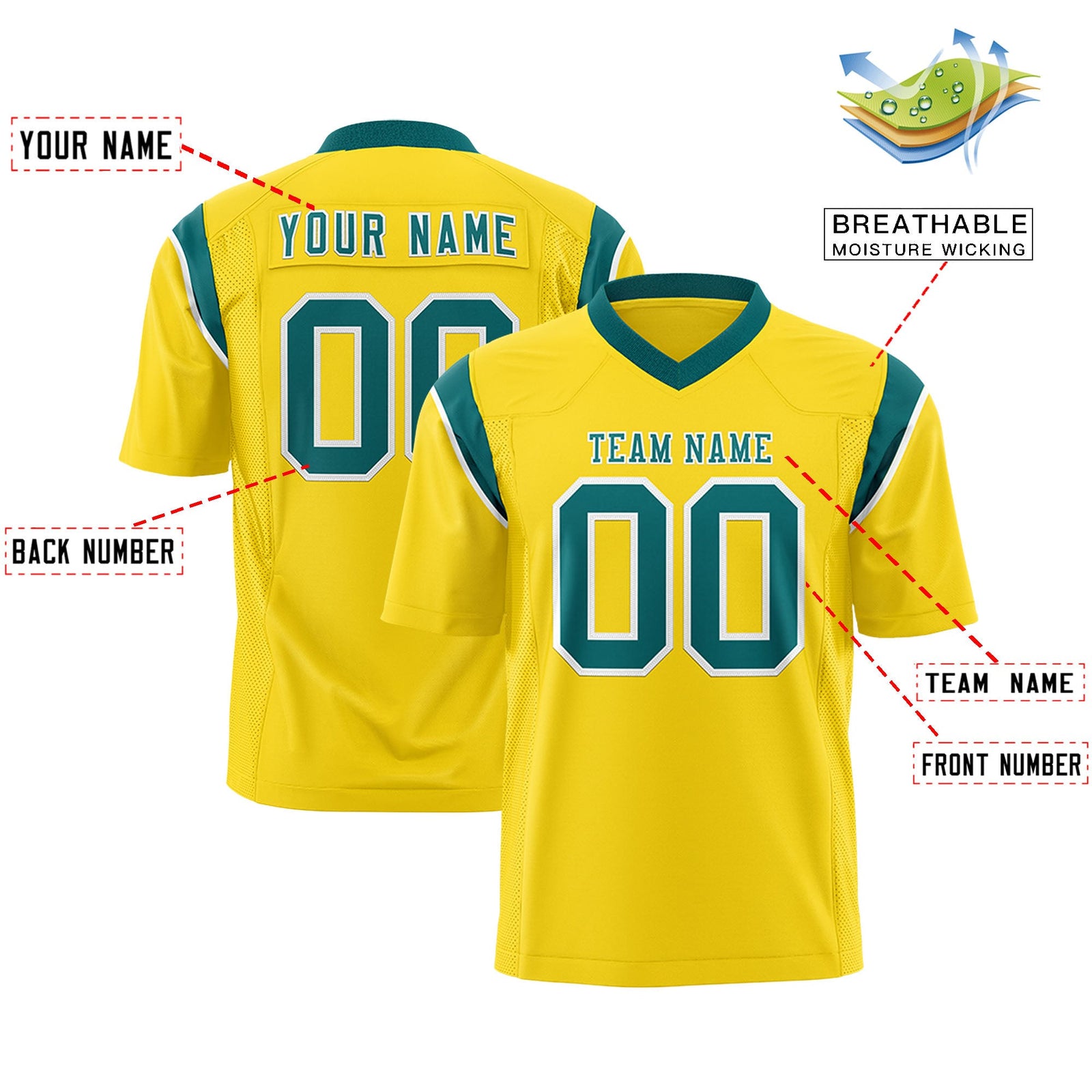 Custom Flag Football Jersey | Gold Aqua Color Block For Youth & Men | Add Name, Number & Logo | KXKSHOP