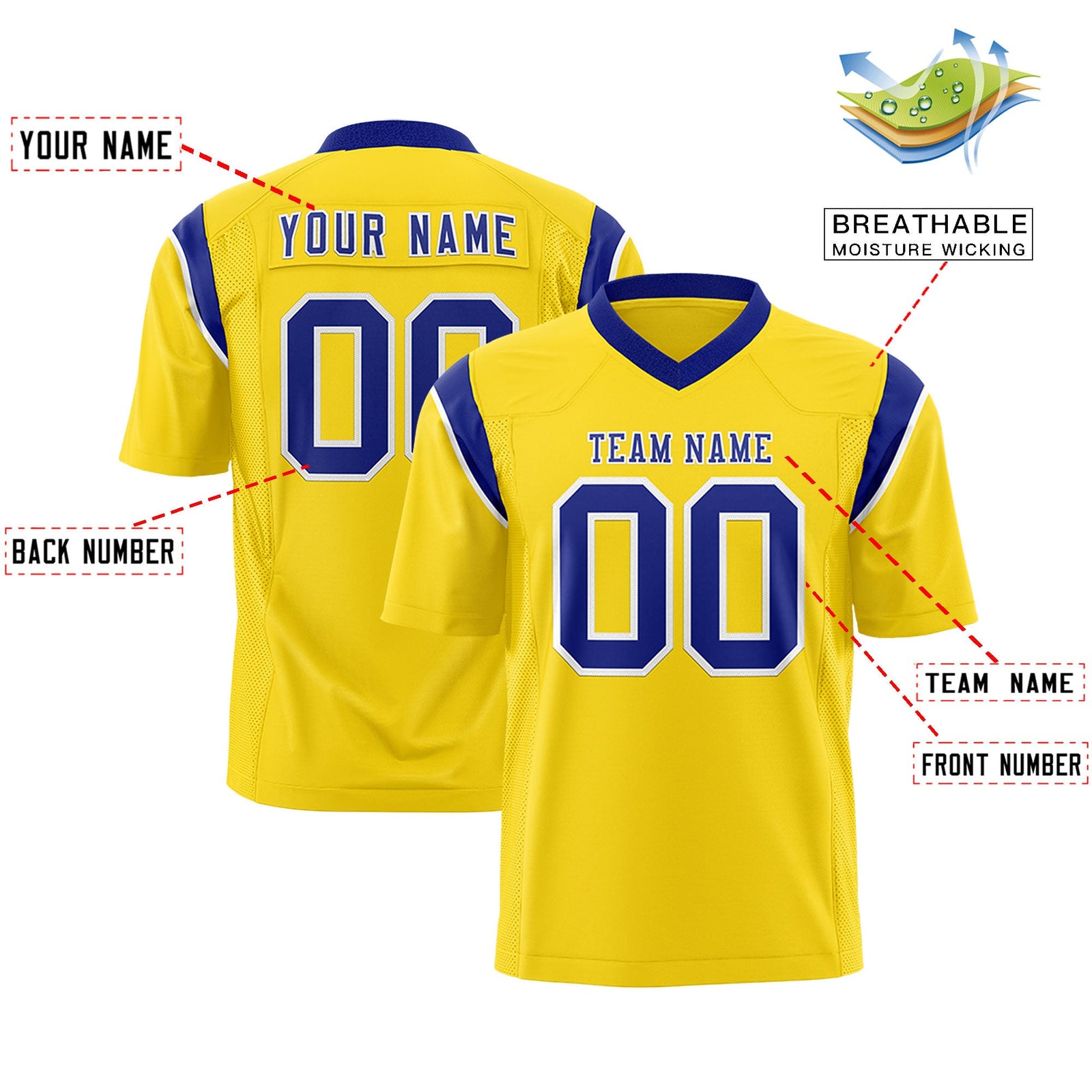 Custom Flag Football Jersey | Gold Royal Color Block For Youth & Men | Add Name, Number & Logo | KXKSHOP