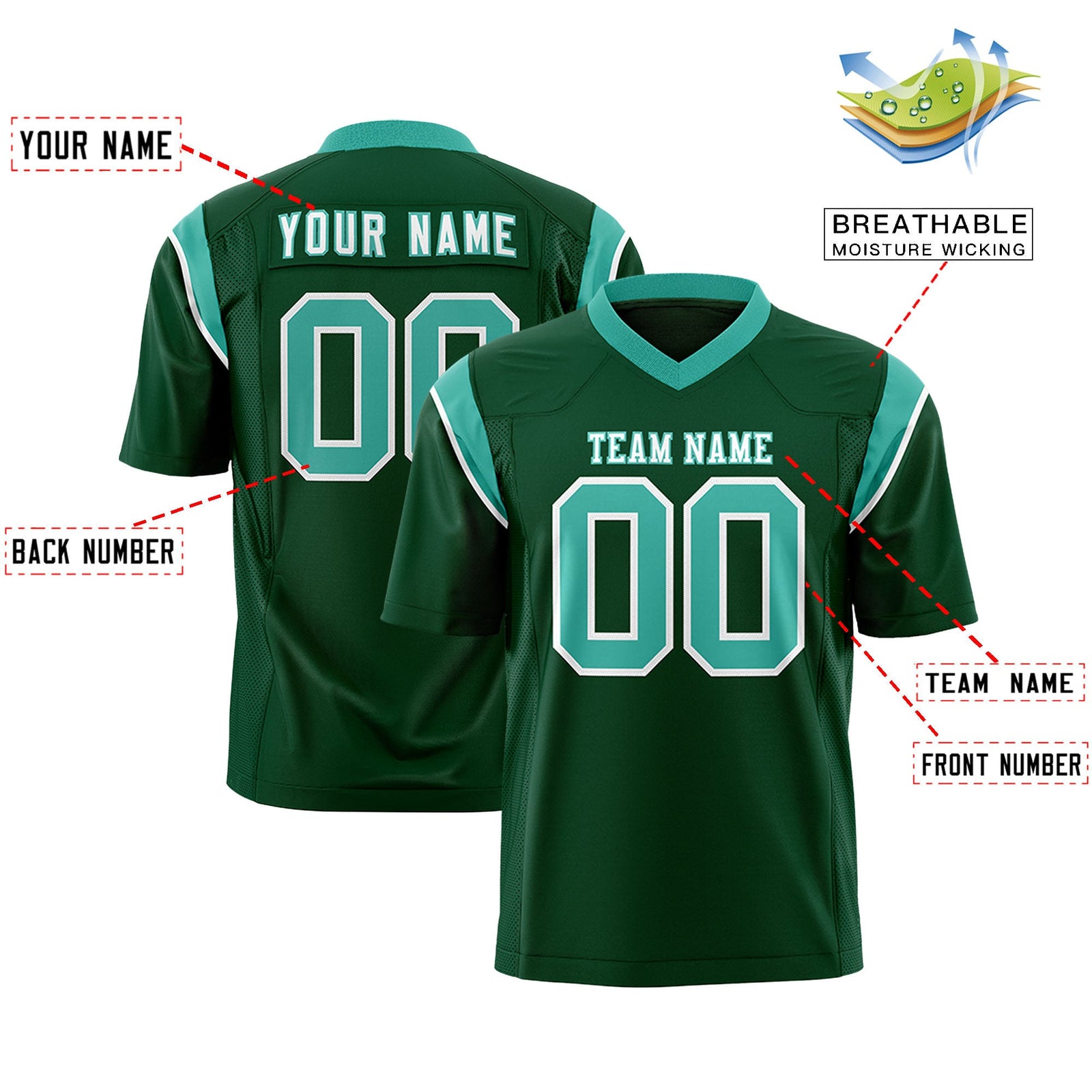 Custom Flag Football Jersey | Green Aqua Color Block For Youth & Men | Add Name, Number & Logo | KXKSHOP