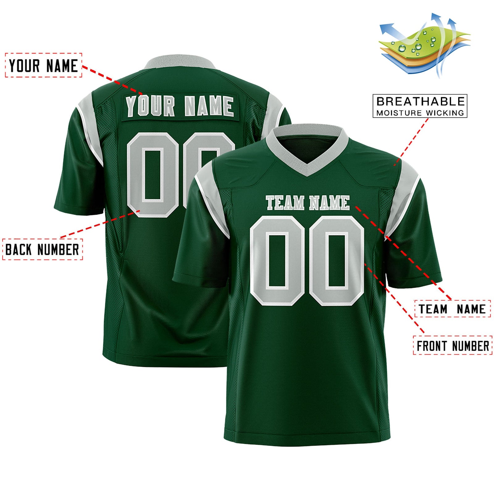 Custom Flag Football Jersey | Green Gray Color Block For Youth & Men | Add Name, Number & Logo | KXKSHOP