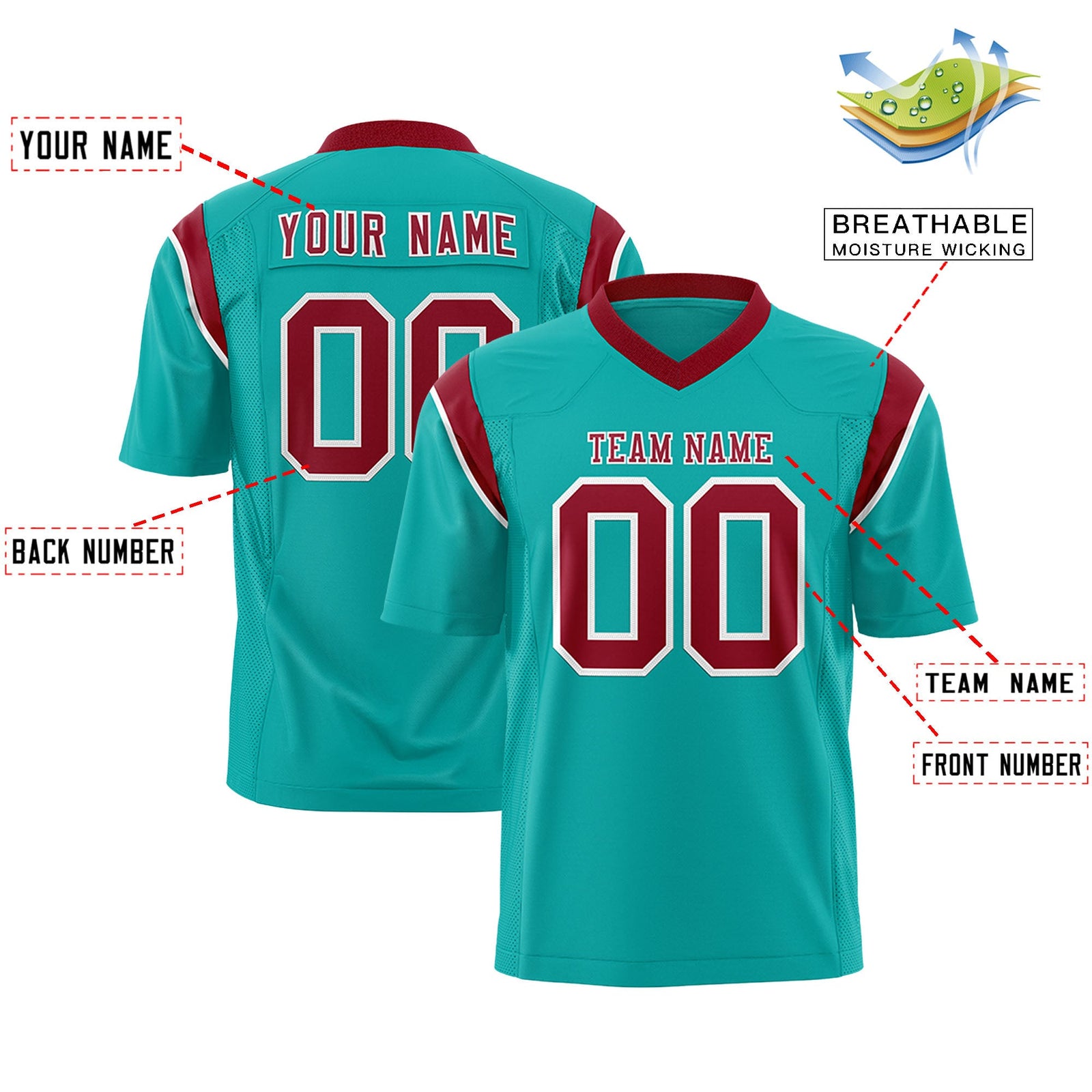 Custom Flag Football Jersey | Aqua Cardinal Color Block For Youth & Men | Add Name, Number & Logo | KXKSHOP