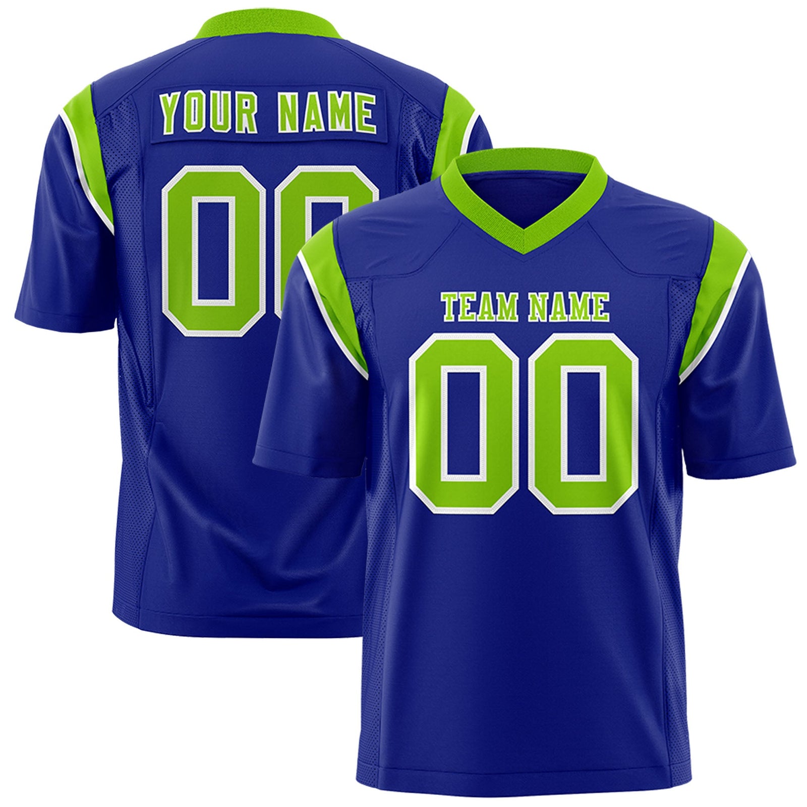 Custom Flag Football Jersey | Royal Neon Green Color Block For Youth & Men | Add Name, Number & Logo | KXKSHOP