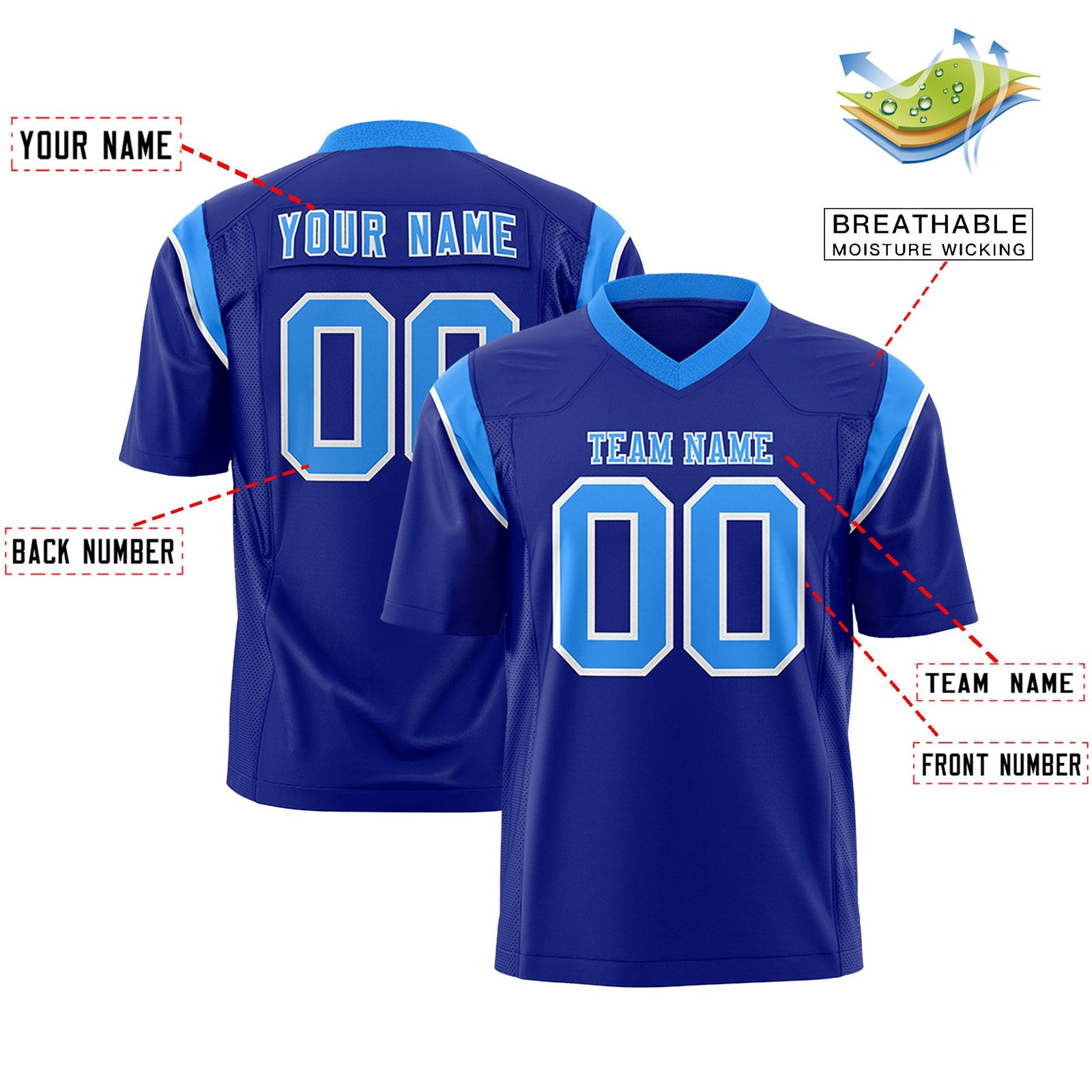 Custom Flag Football Jersey | Royal Light Blue Color Block For Youth & Men | Add Name, Number & Logo | KXKSHOP