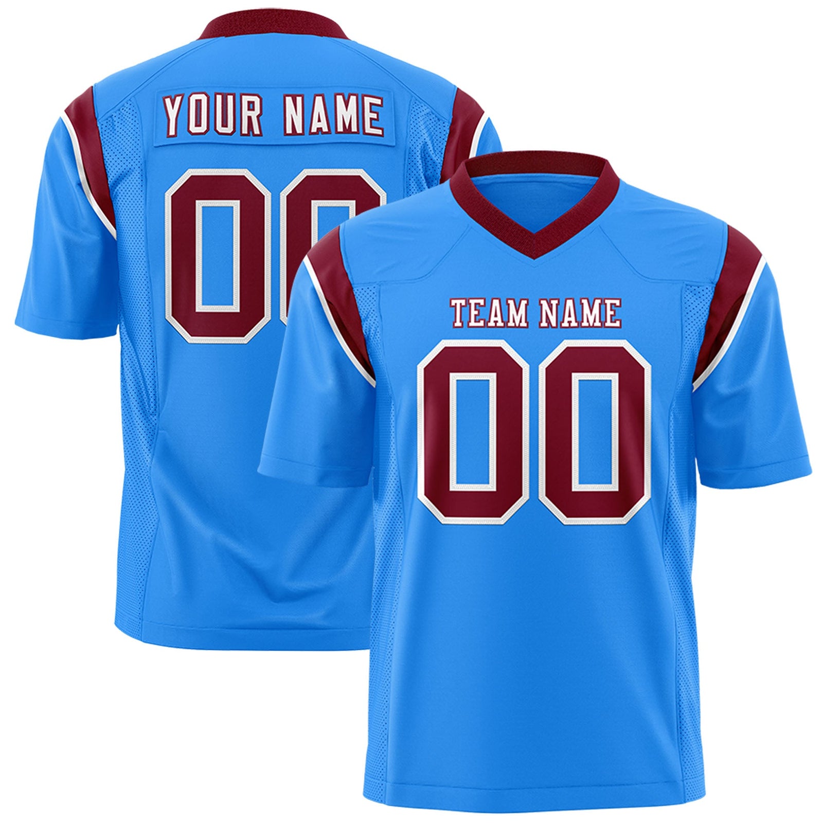 Custom Flag Football Jersey | Powder Blue Crimson Color Block For Youth & Men | Add Name, Number & Logo | KXKSHOP