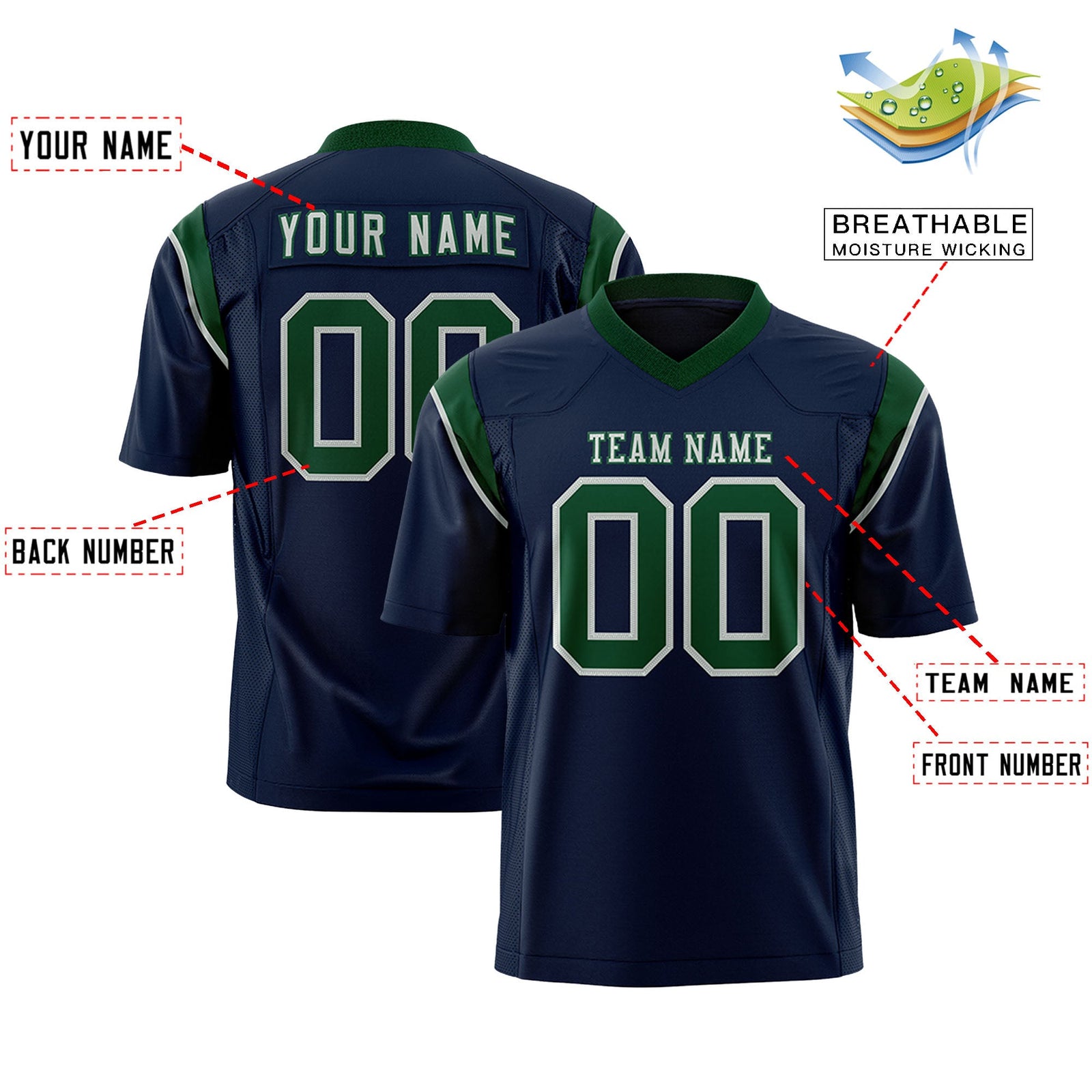 Custom Flag Football Jersey | Navy Green Color Block For Youth & Men | Add Name, Number & Logo | KXKSHOP