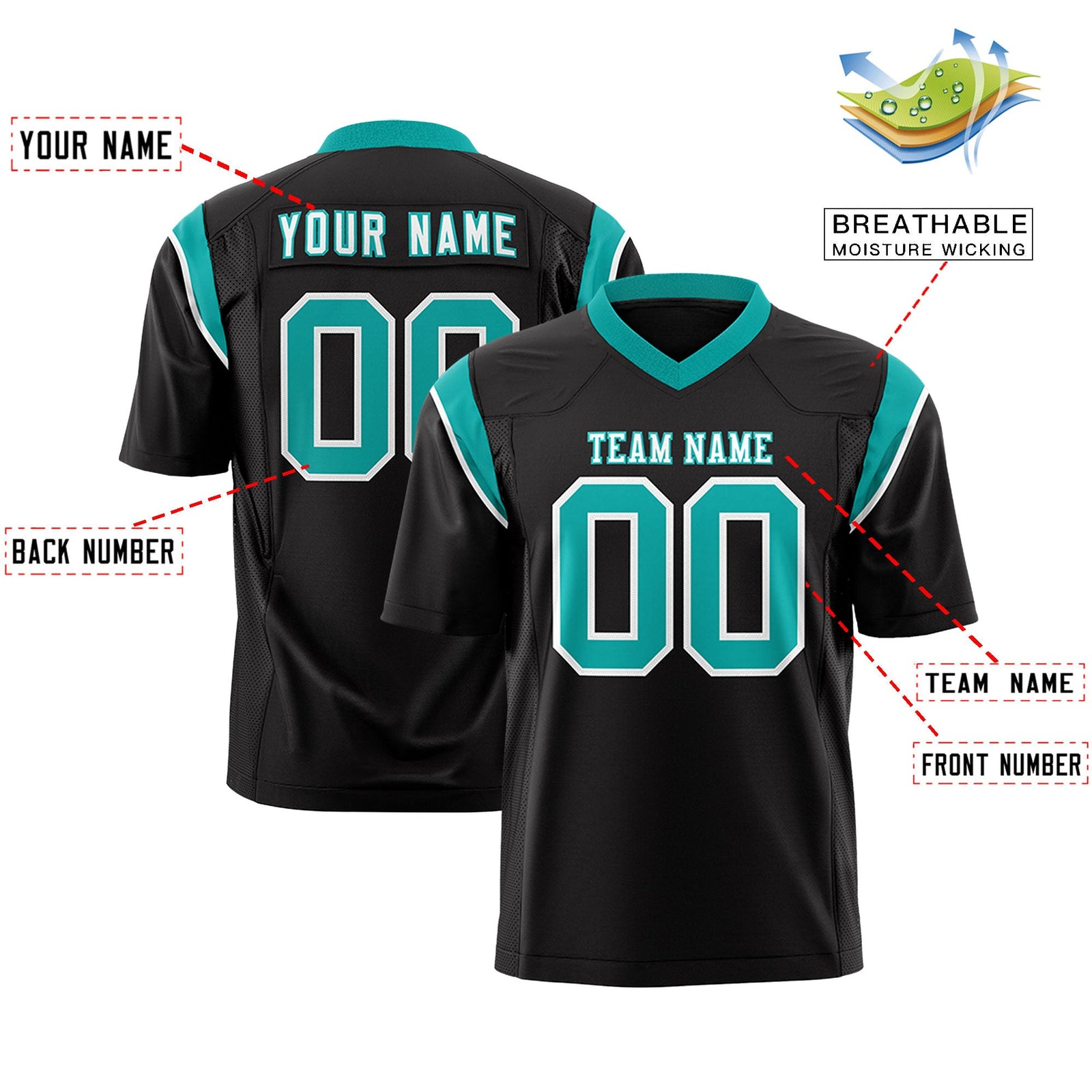 Custom Flag Football Jersey | Black Aqua Color Block For Youth & Men | Add Name, Number & Logo | KXKSHOP