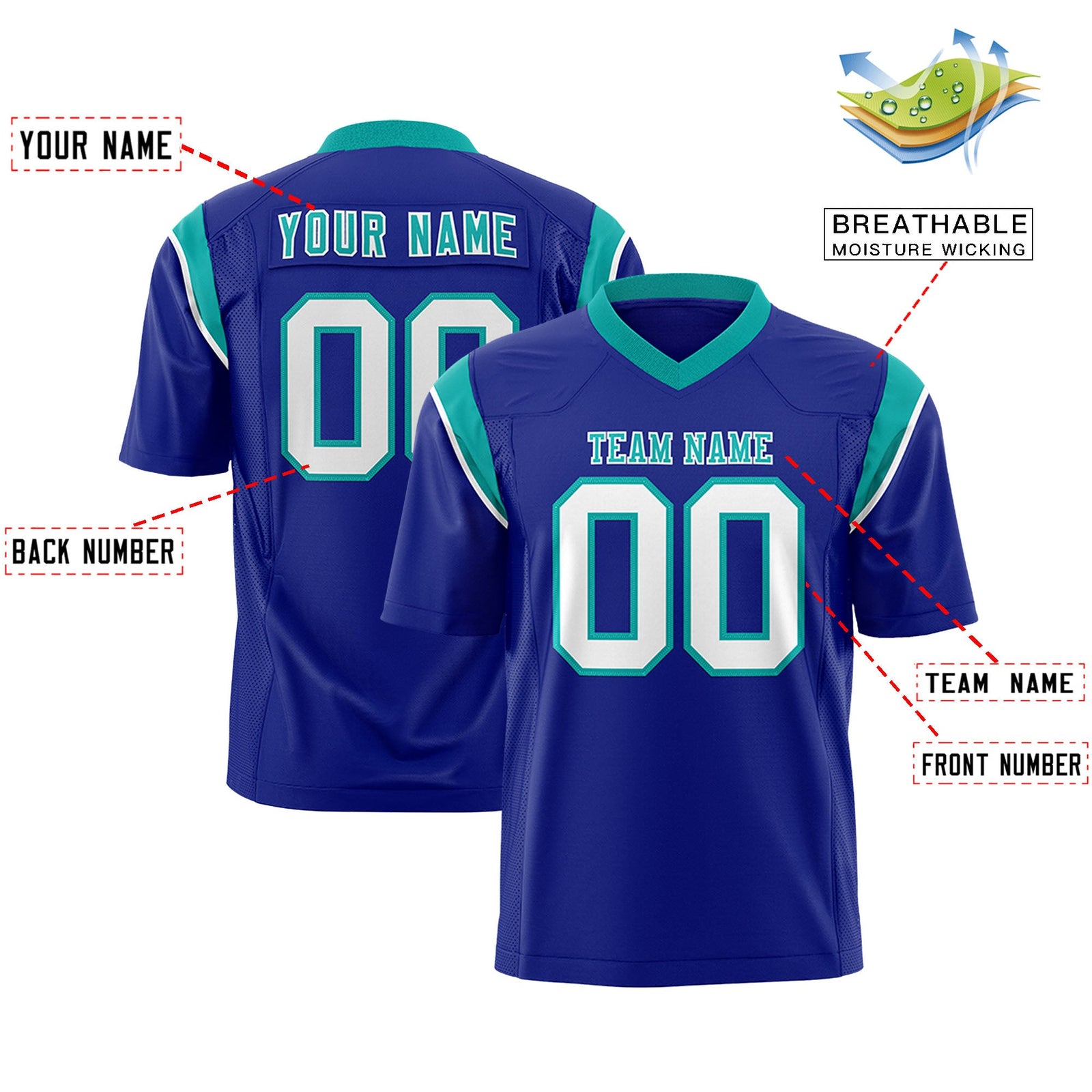 Custom Flag Football Jersey | Royal Aqua Color Block For Youth & Men | Add Name, Number & Logo | KXKSHOP