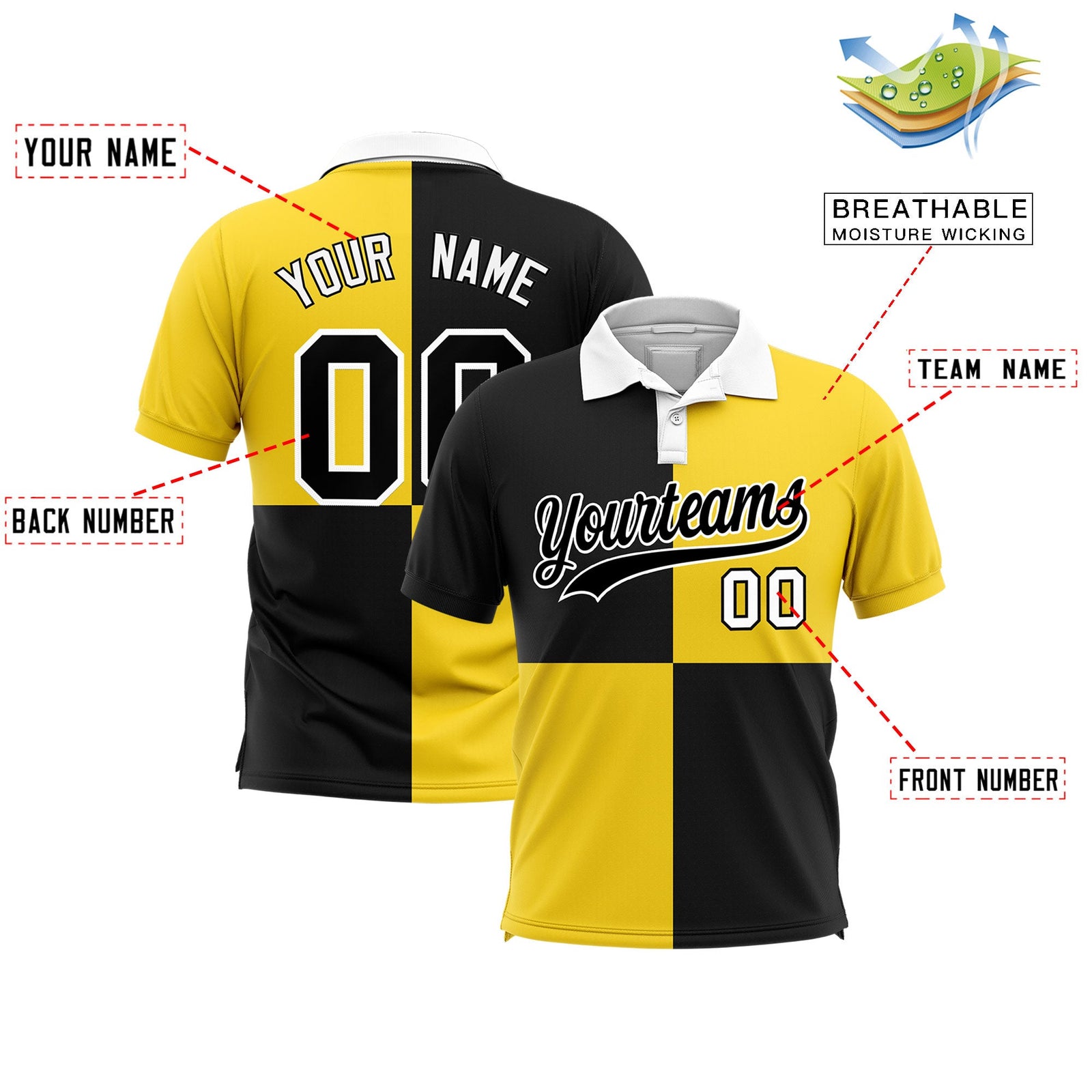 Custom Black Gold Four Squares Design Performance Polo Shirt