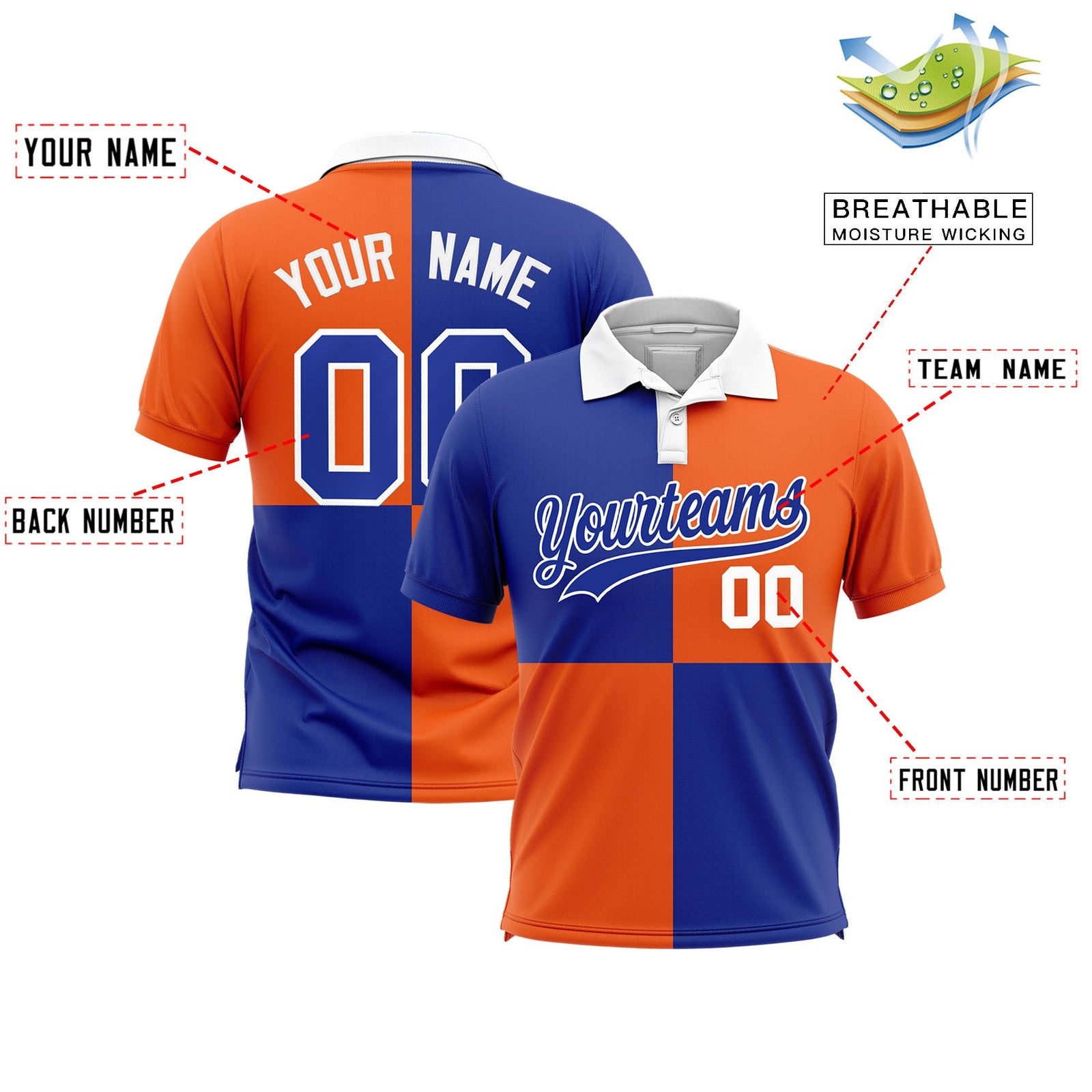 Custom Royal Orange Four Squares Design Performance Polo Shirt