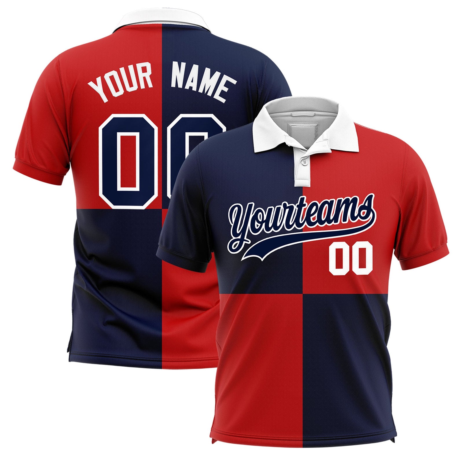 Custom Navy Red Four Squares Design Performance Polo Shirt