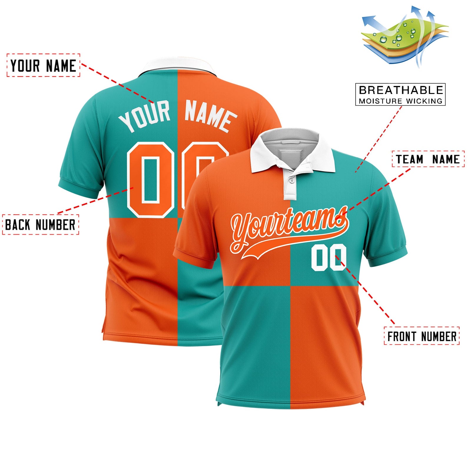 Custom Orange Aqua Four Squares Design Performance Polo Shirt