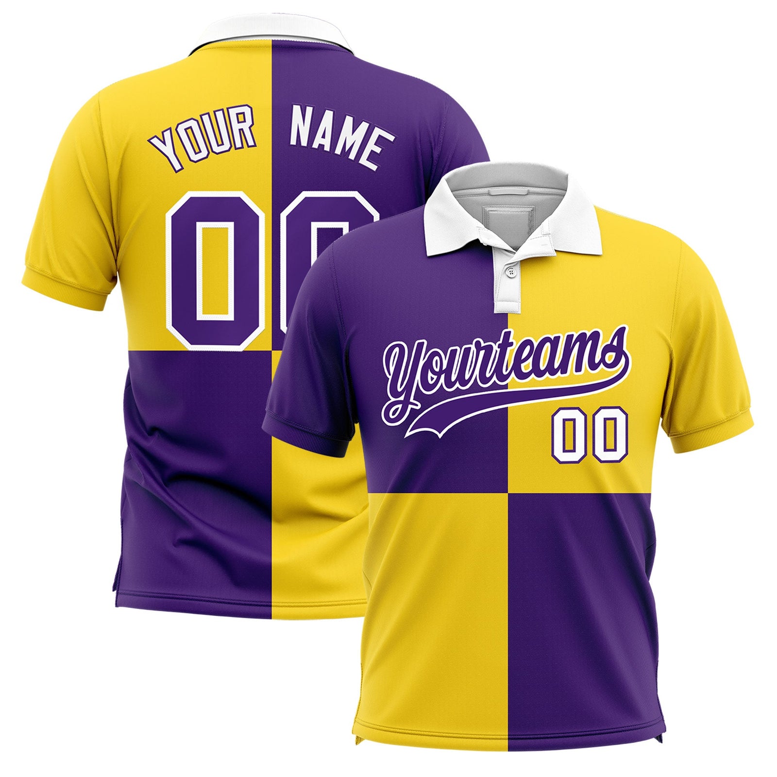 Custom Purple Gold Four Squares Design Performance Polo Shirt