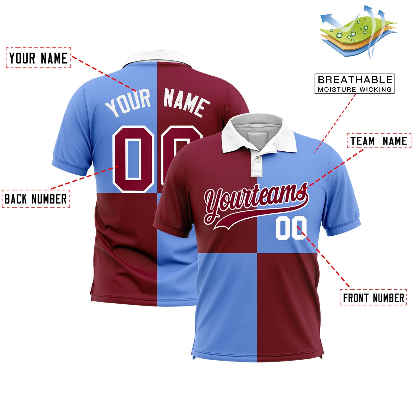 Custom Crimson Light Blue Four Squares Design Performance Polo Shirt