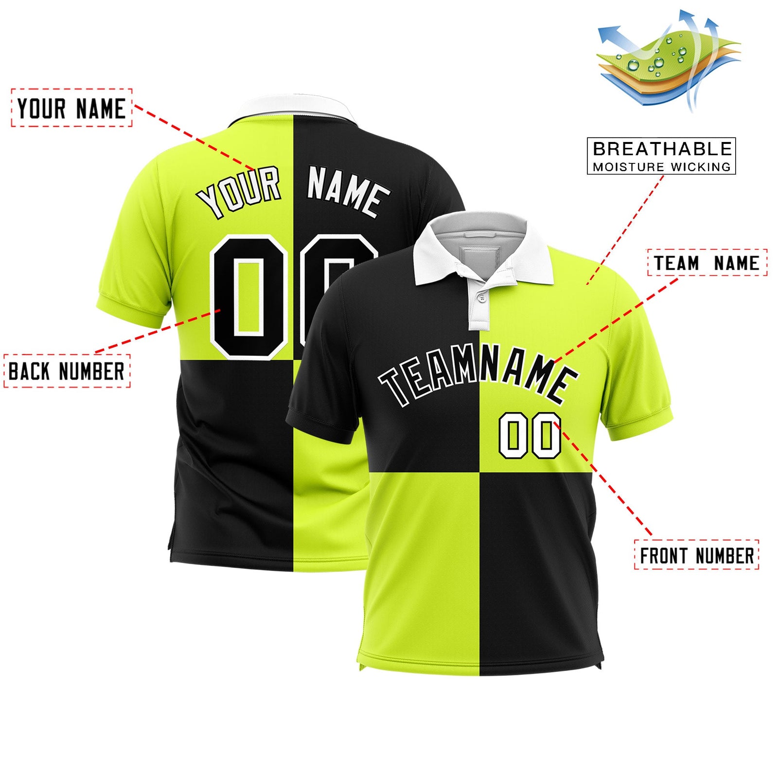 Custom Black Fluorescent Green Four Squares Design Performance Polo Shirt