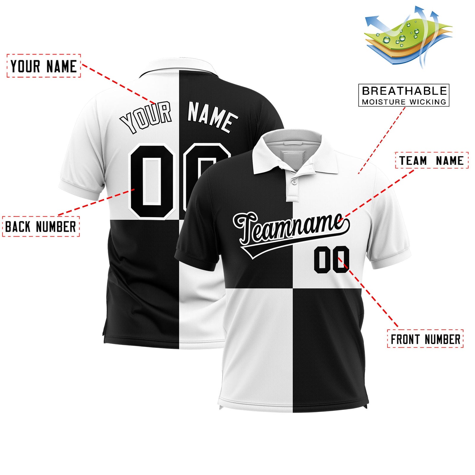 Custom White Black Four Squares Design Performance Polo Shirt