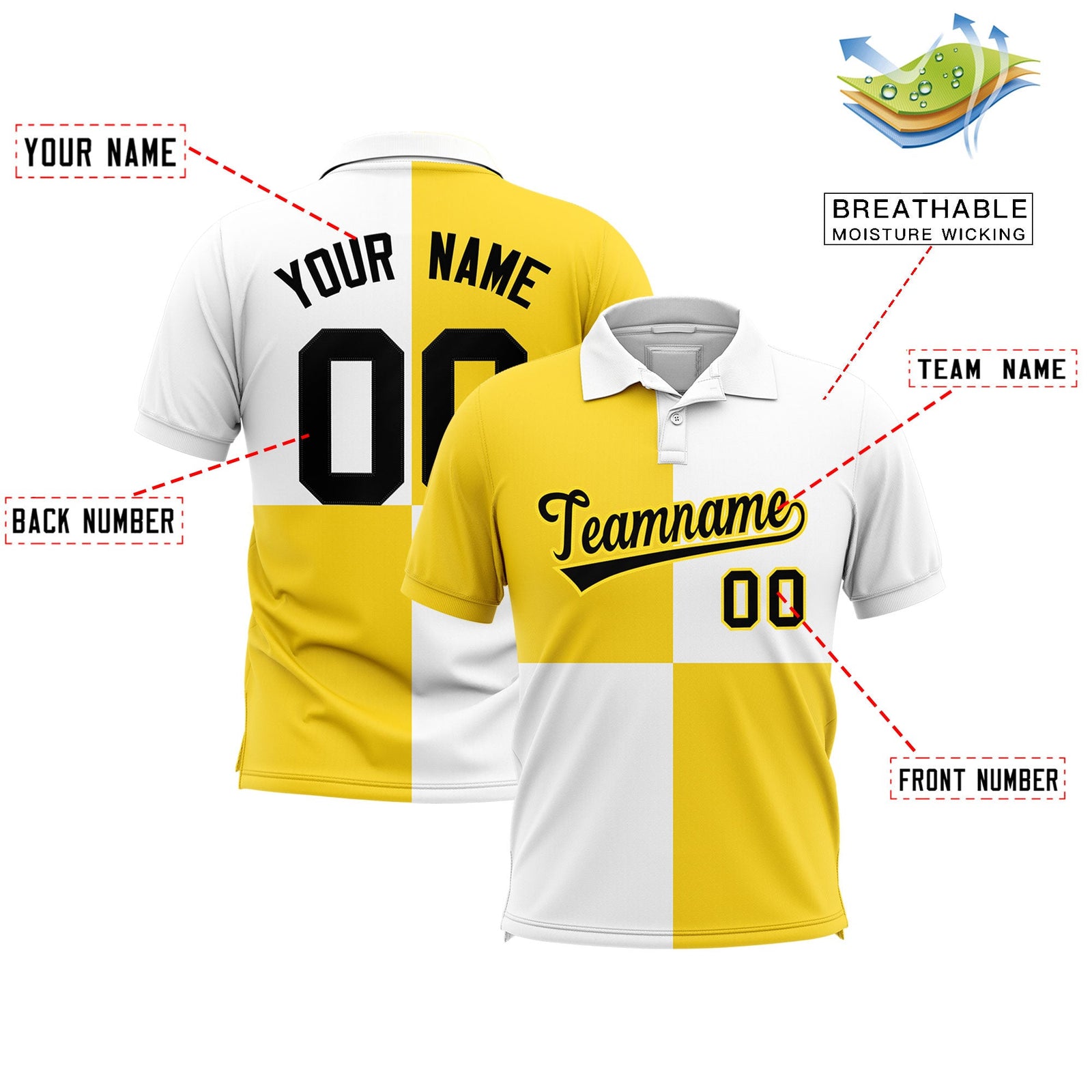 Custom Gold White Four Squares Design Performance Polo Shirt