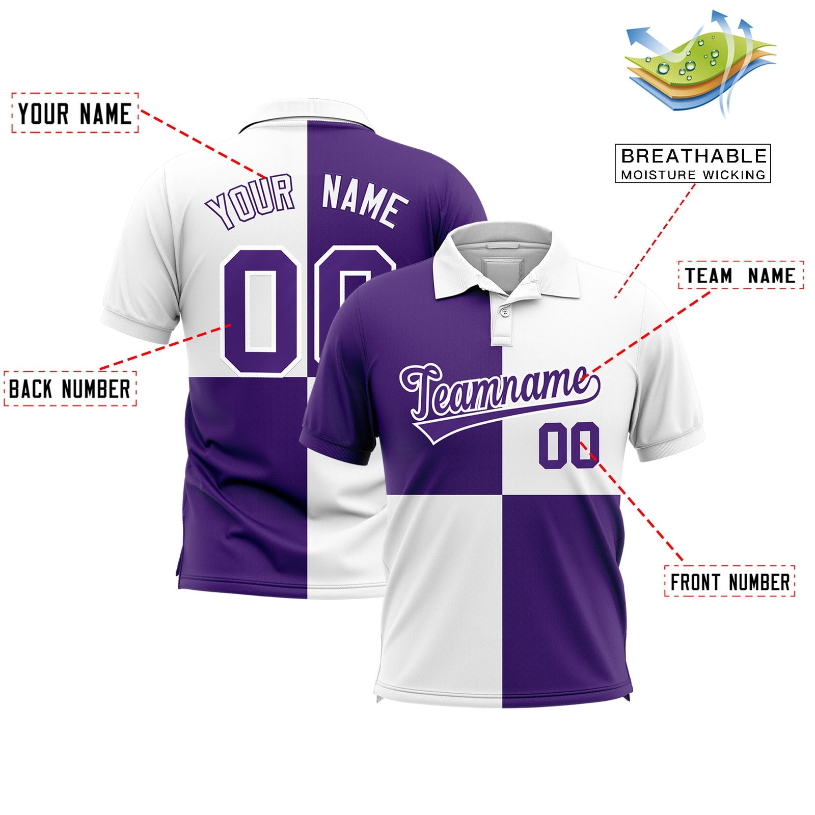 Custom Purple White Four Squares Design Performance Polo Shirt