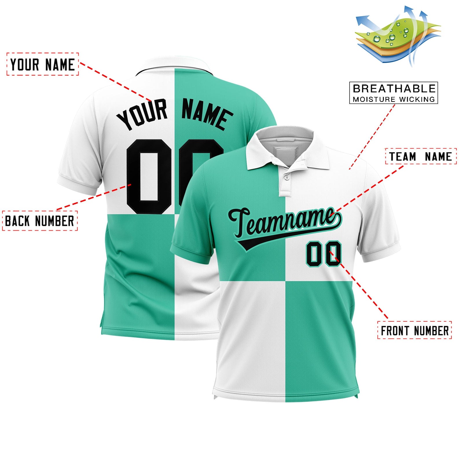 Custom Bright Green White Four Squares Design Performance Polo Shirt