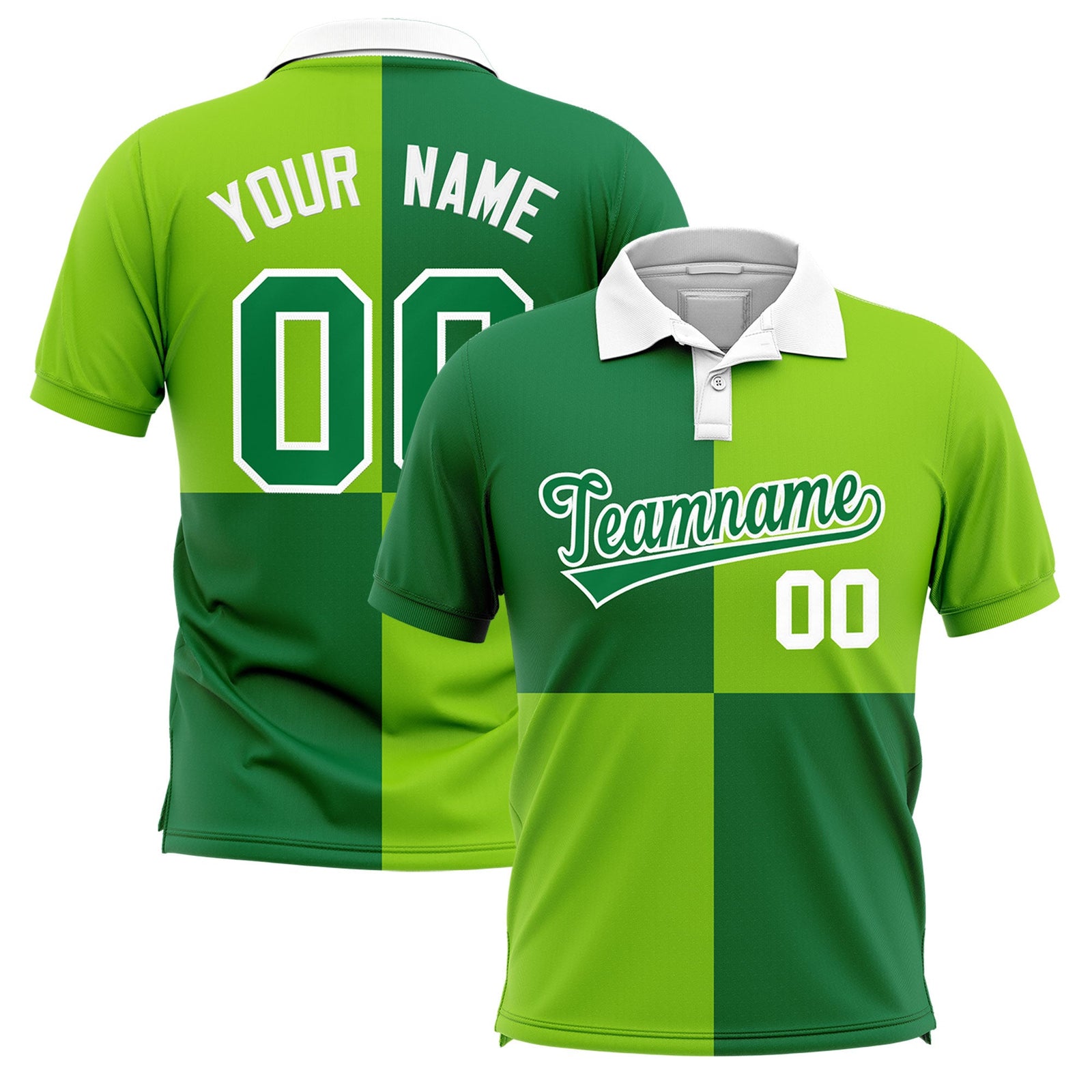 Custom Kelly Green Neon Green Four Squares Design Performance Polo Shirt
