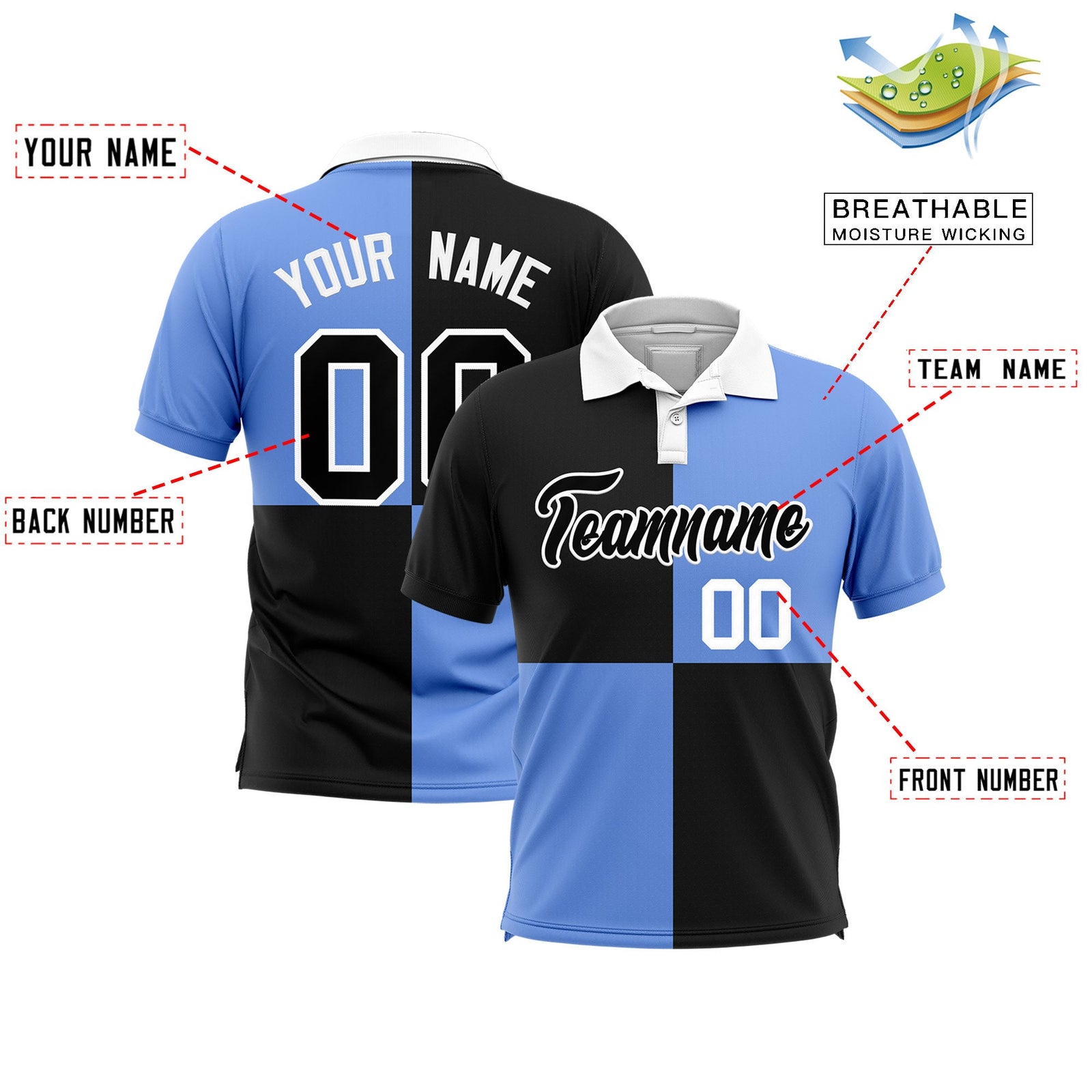 Custom Black Light Blue Four Squares Design Performance Polo Shirt