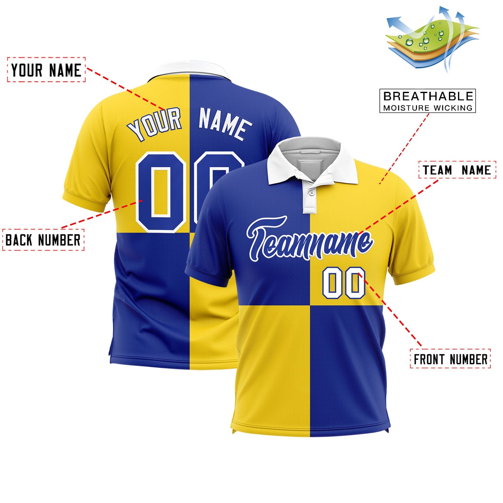 Custom Royal Gold Four Squares Design Performance Polo Shirt