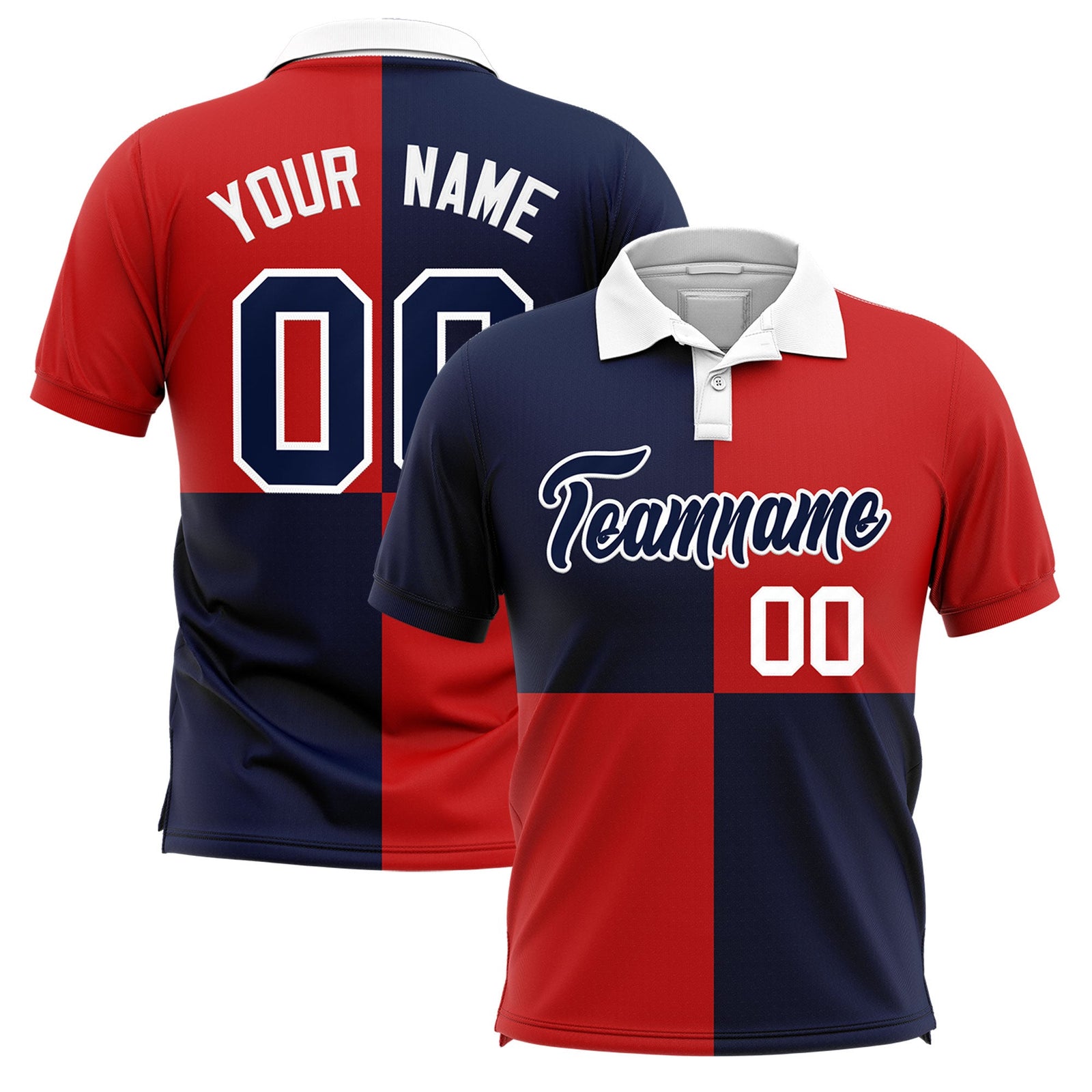 Custom Navy Red Four Squares Design Performance Polo Shirt