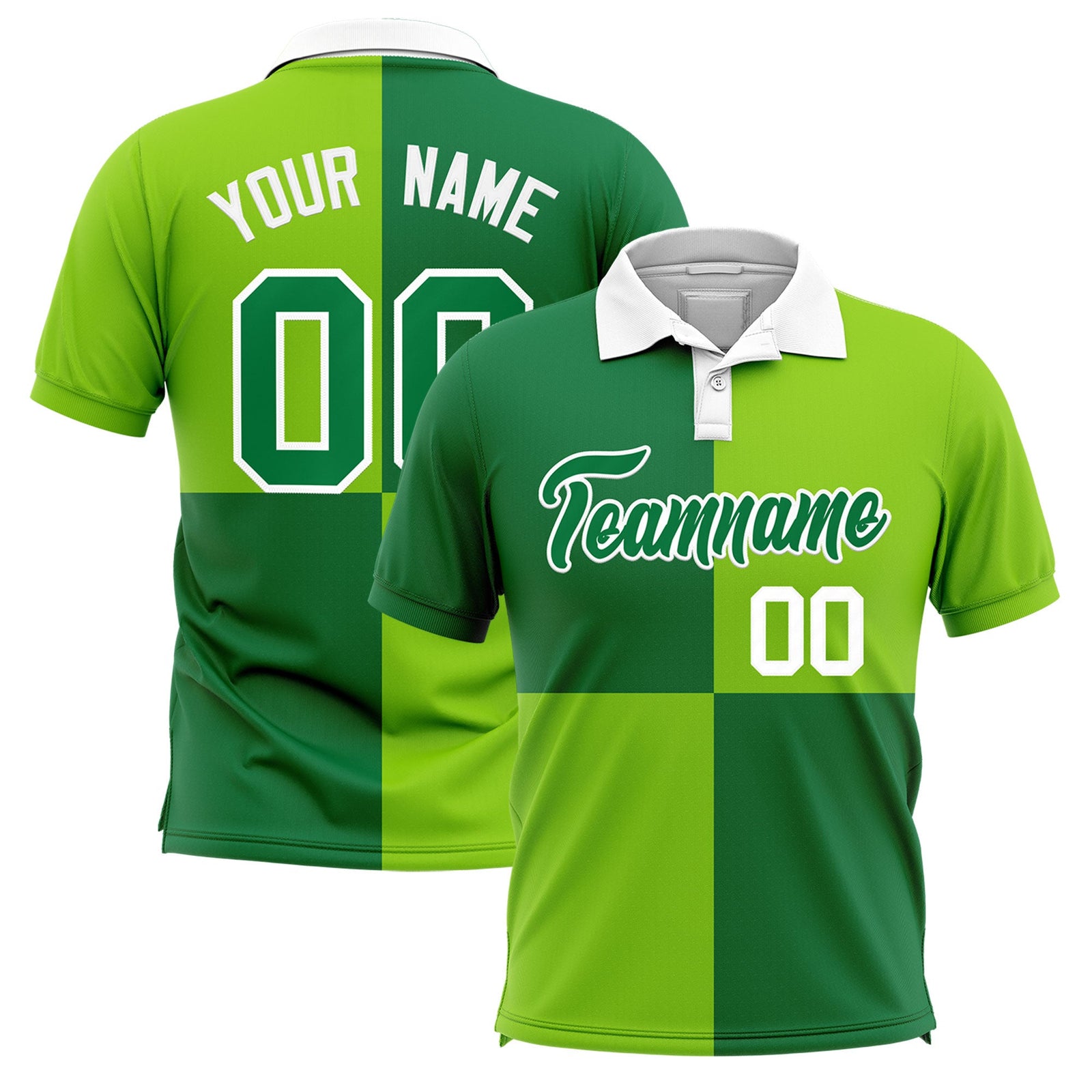 Custom Kelly Green Neon Green Four Squares Design Performance Polo Shirt