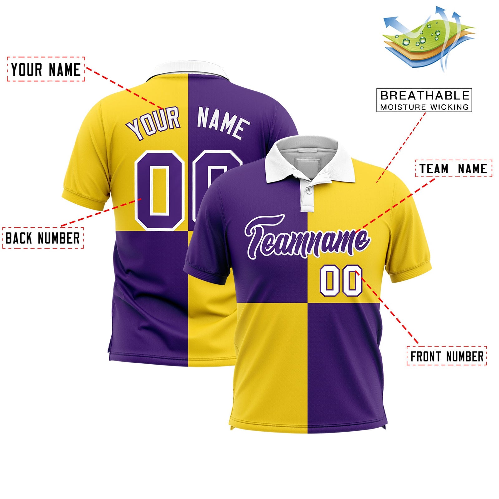 Custom Purple Gold Four Squares Design Performance Polo Shirt
