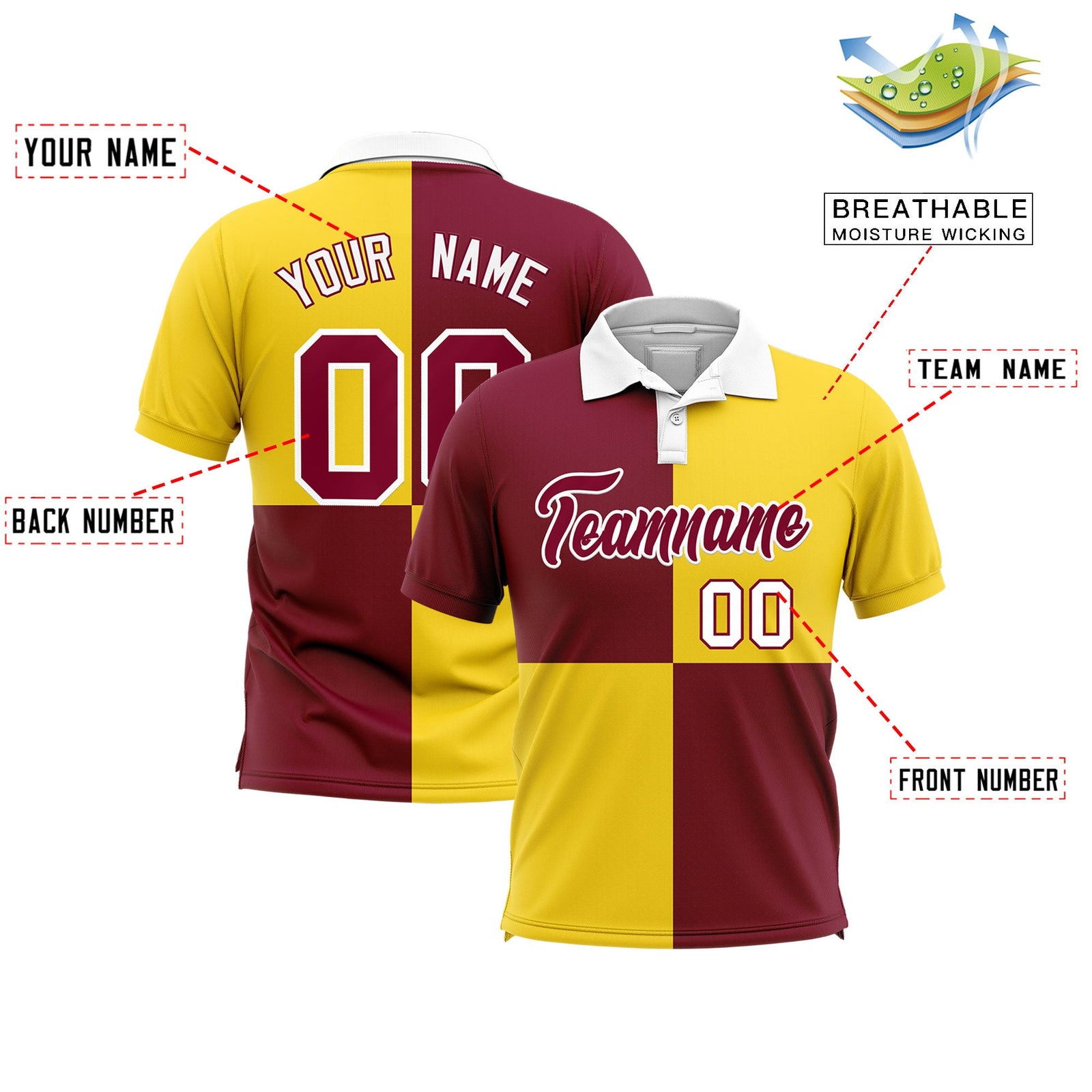 Custom Crimson Gold Four Squares Design Performance Polo Shirt