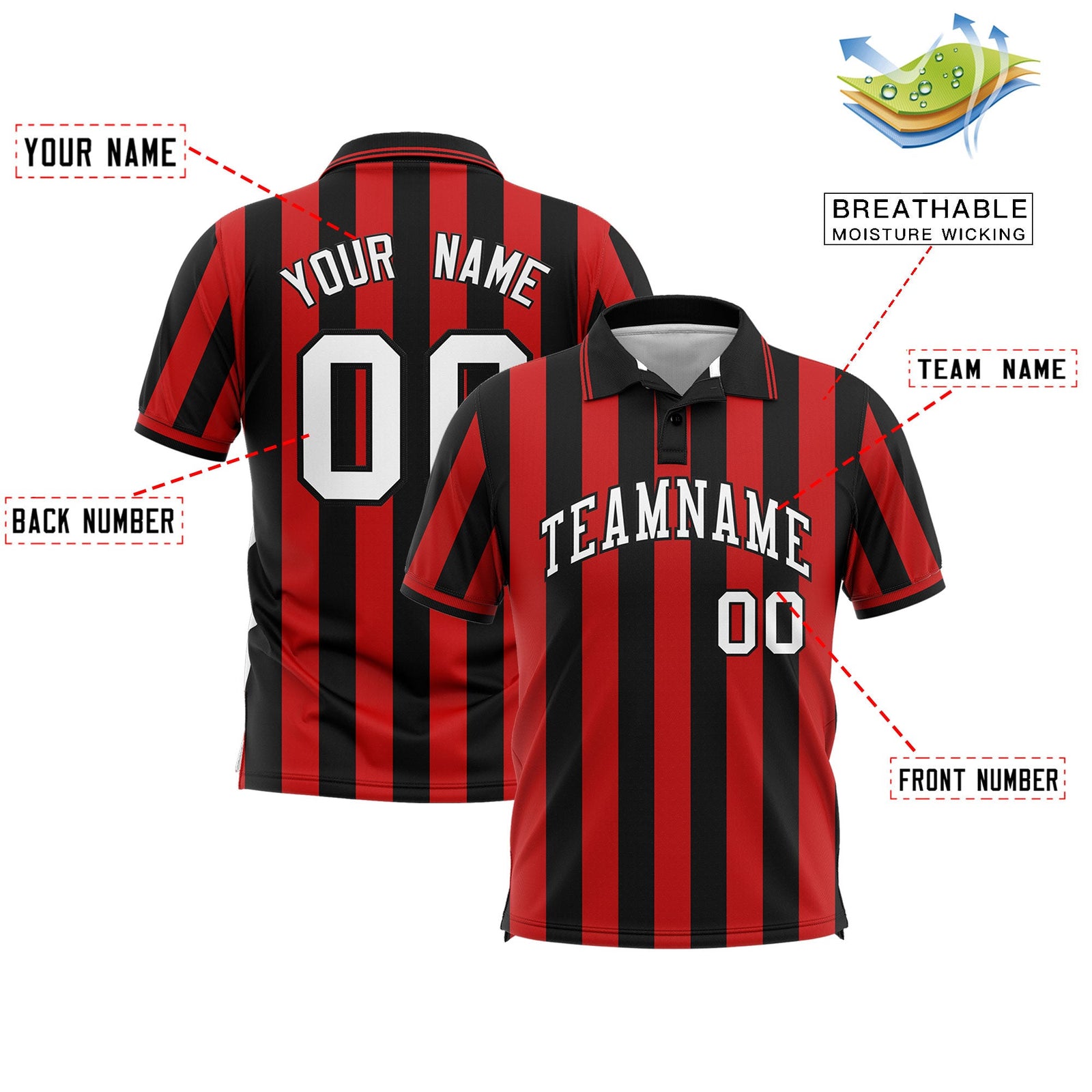 Custom Black Red Vertical Stripes Design Performance Polo Shirt