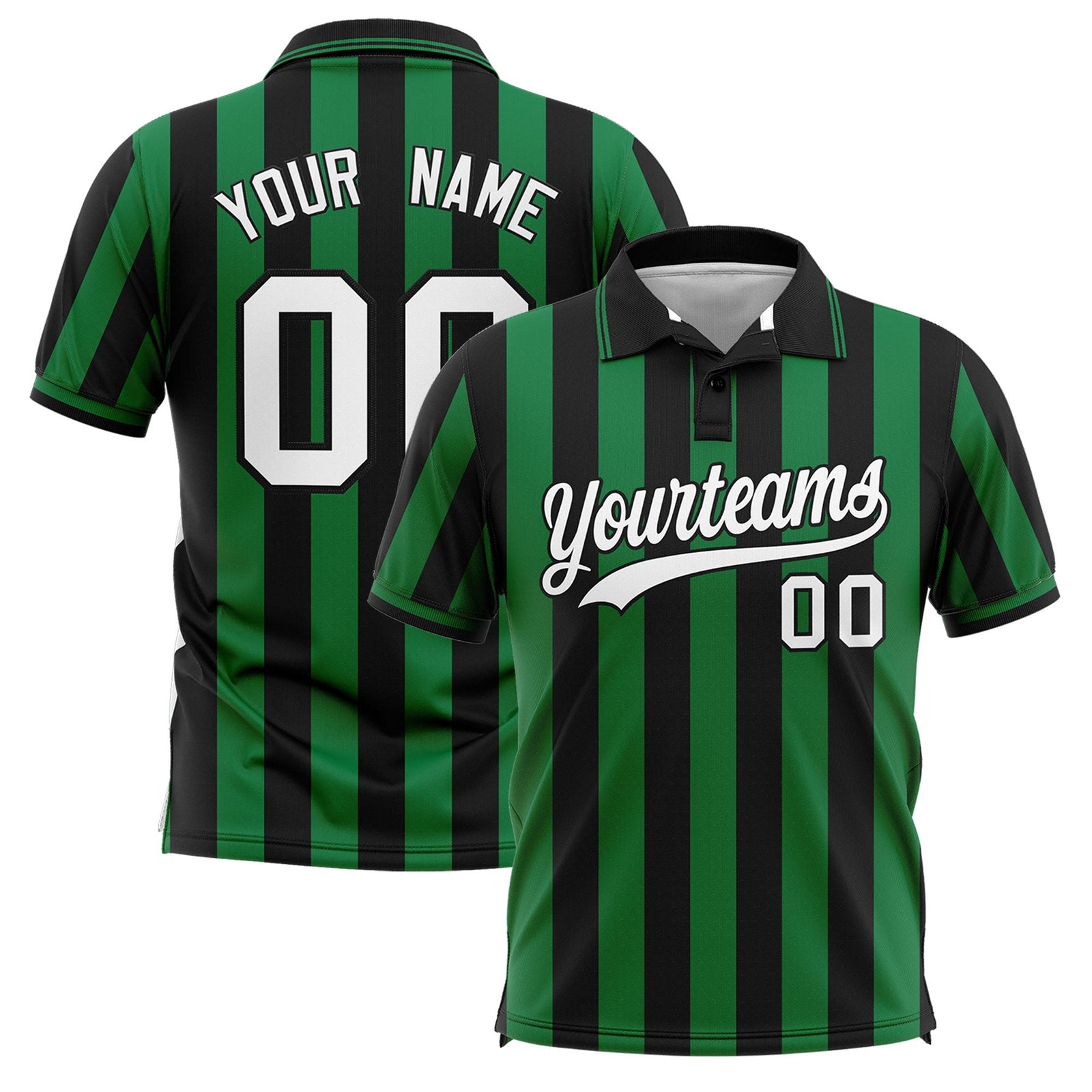 Custom Black Kelly Green Vertical Stripes Design Performance Polo Shirt