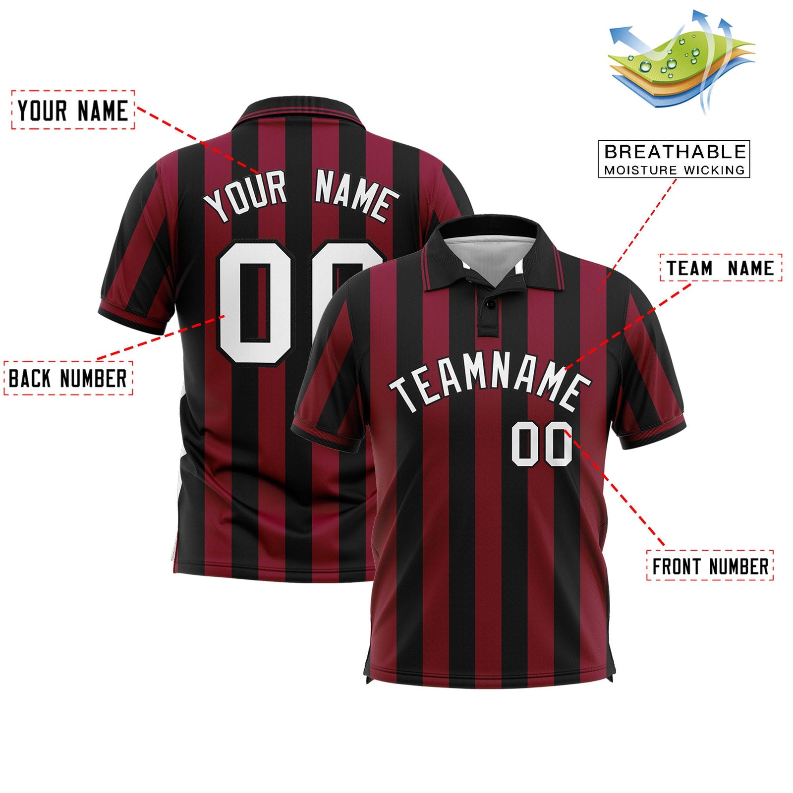 Custom Black Crimson Vertical Stripes Design Performance Polo Shirt