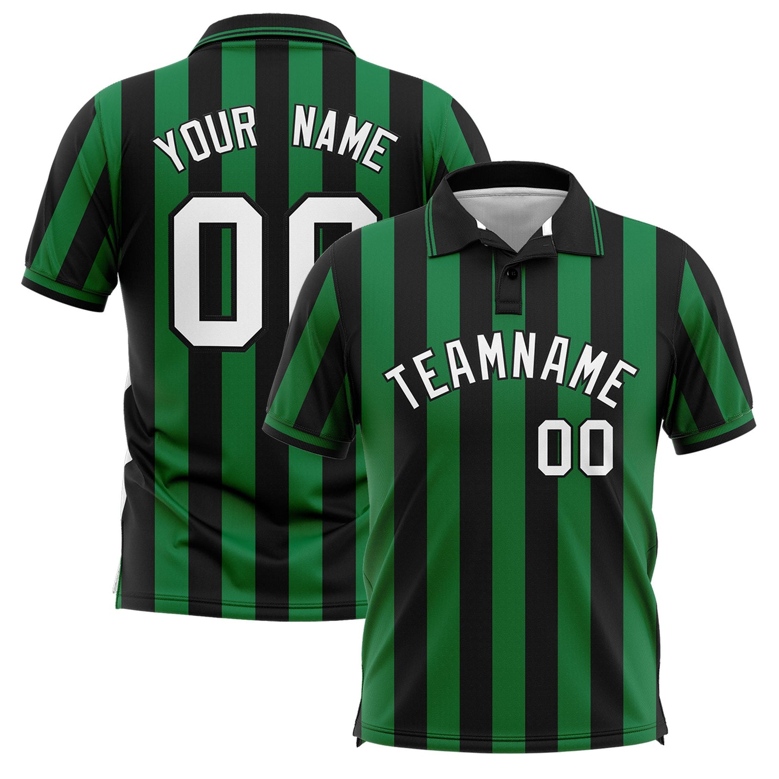 Custom Black Kelly Green Vertical Stripes Design Performance Polo Shirt