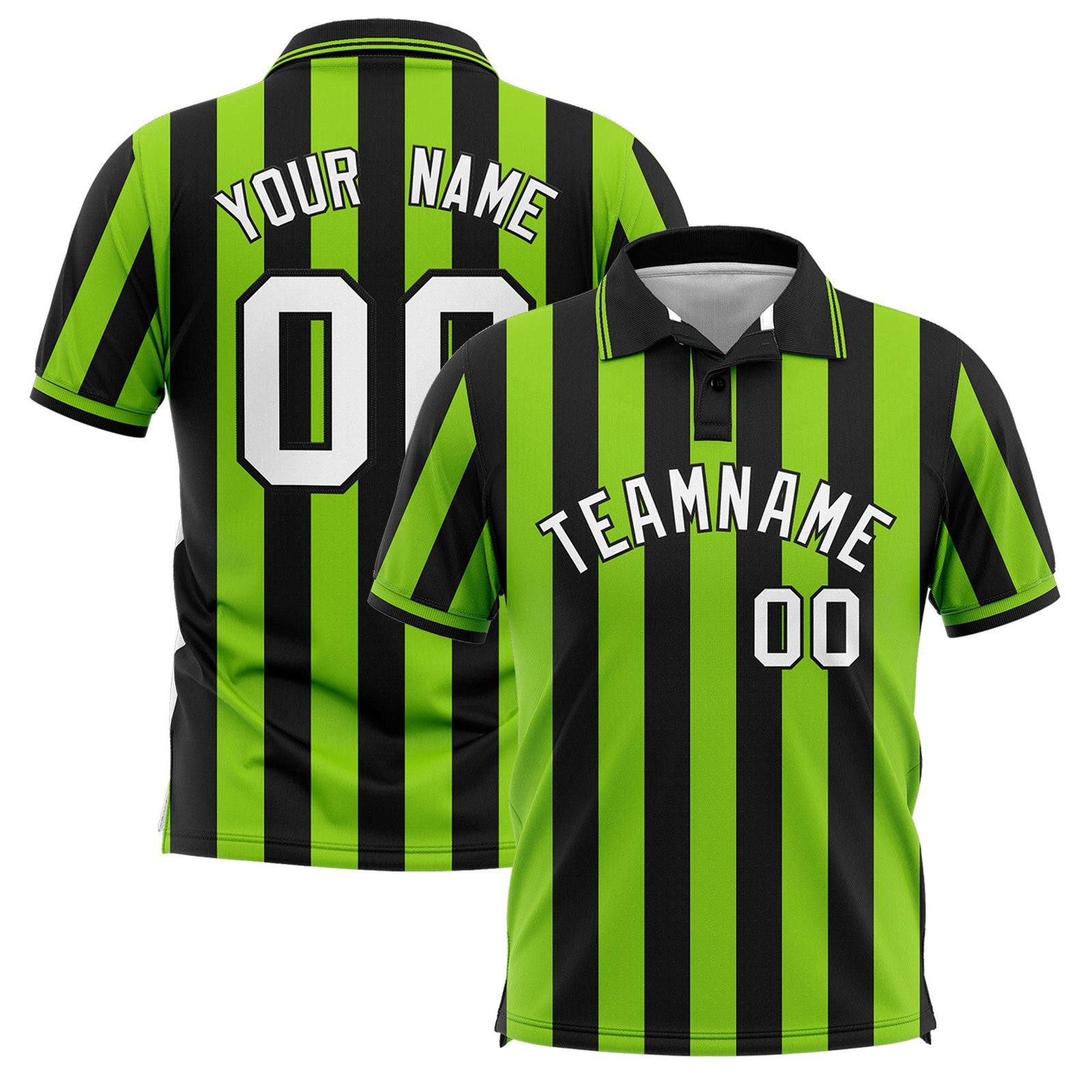 Custom Black Neon Green Vertical Stripes Design Performance Polo Shirt