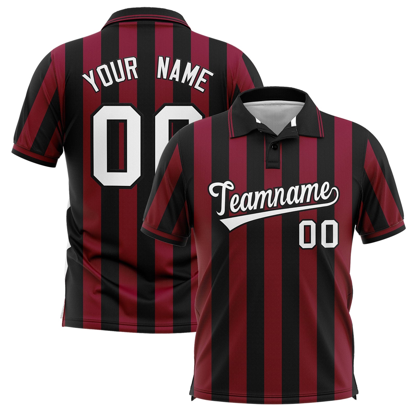 Custom Black Crimson Vertical Stripes Design Performance Polo Shirt