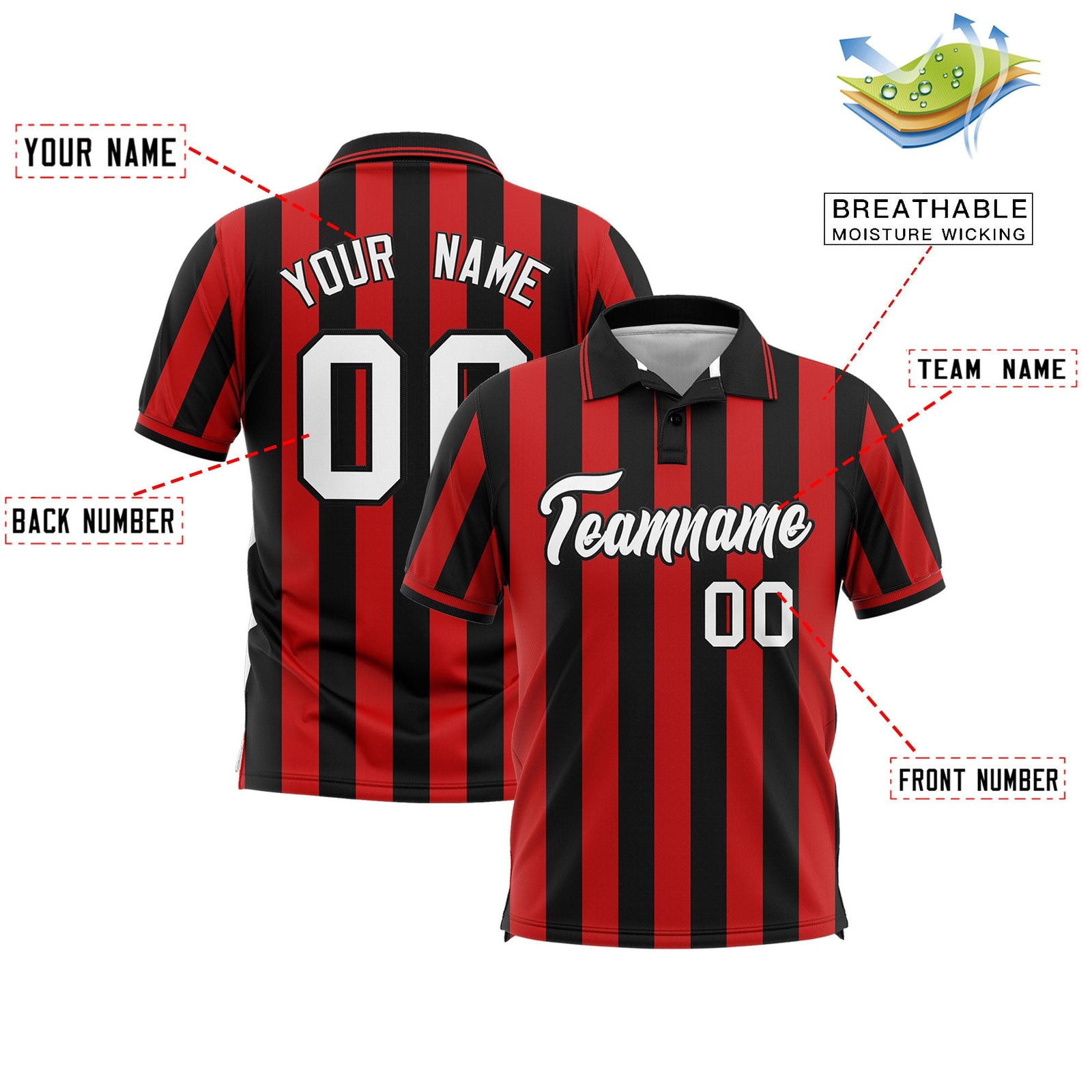 Custom Black Red Vertical Stripes Design Performance Polo Shirt