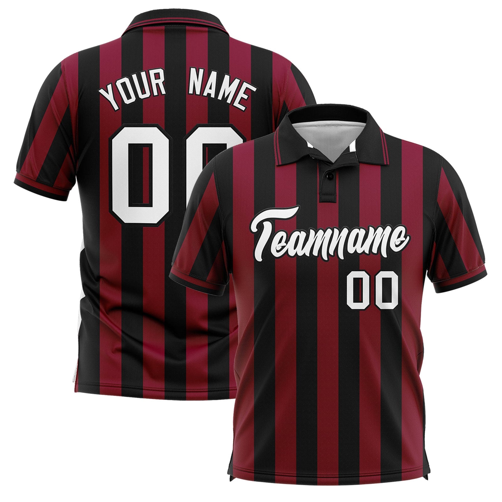 Custom Black Crimson Vertical Stripes Design Performance Polo Shirt