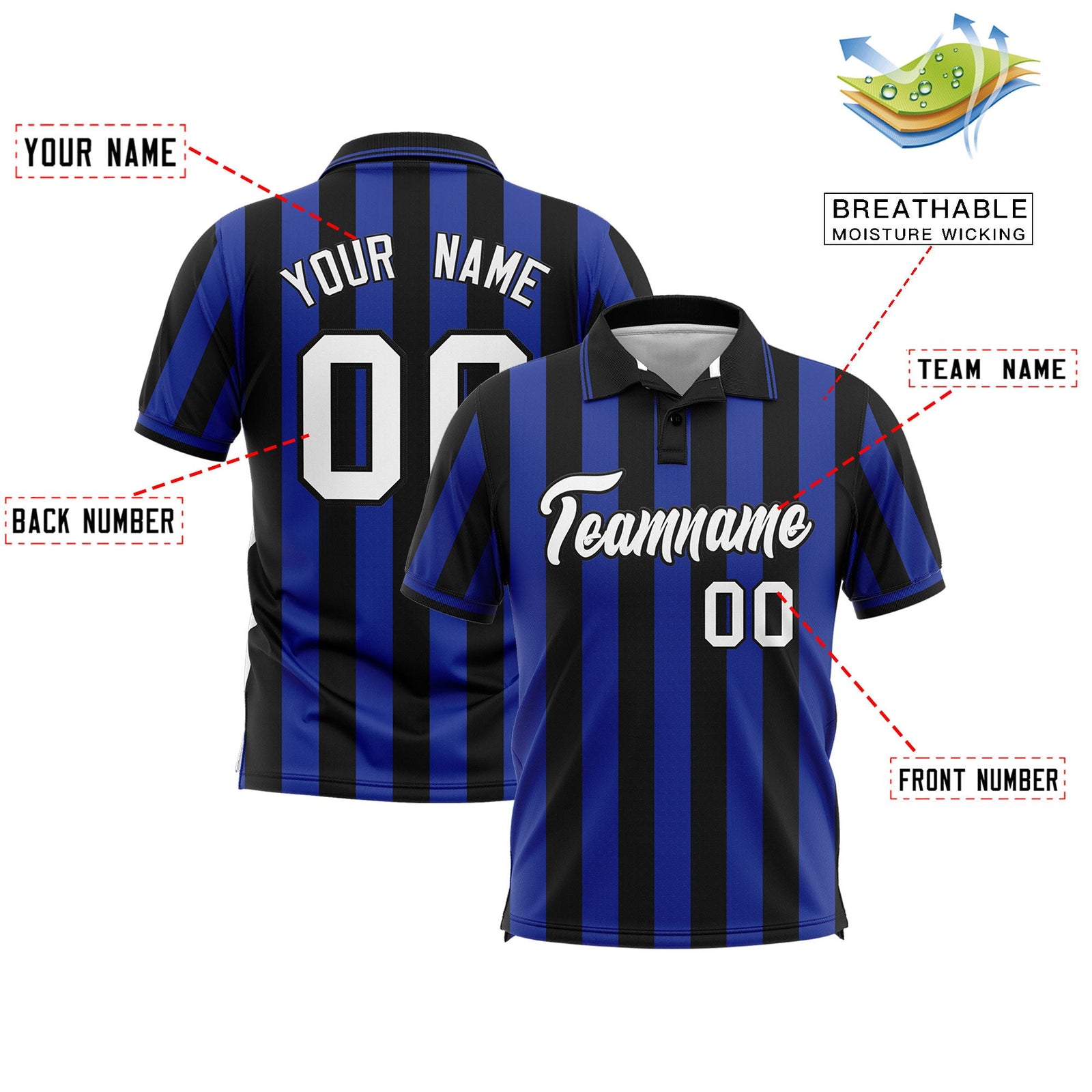 Custom Black Royal Vertical Stripes Design Performance Polo Shirt