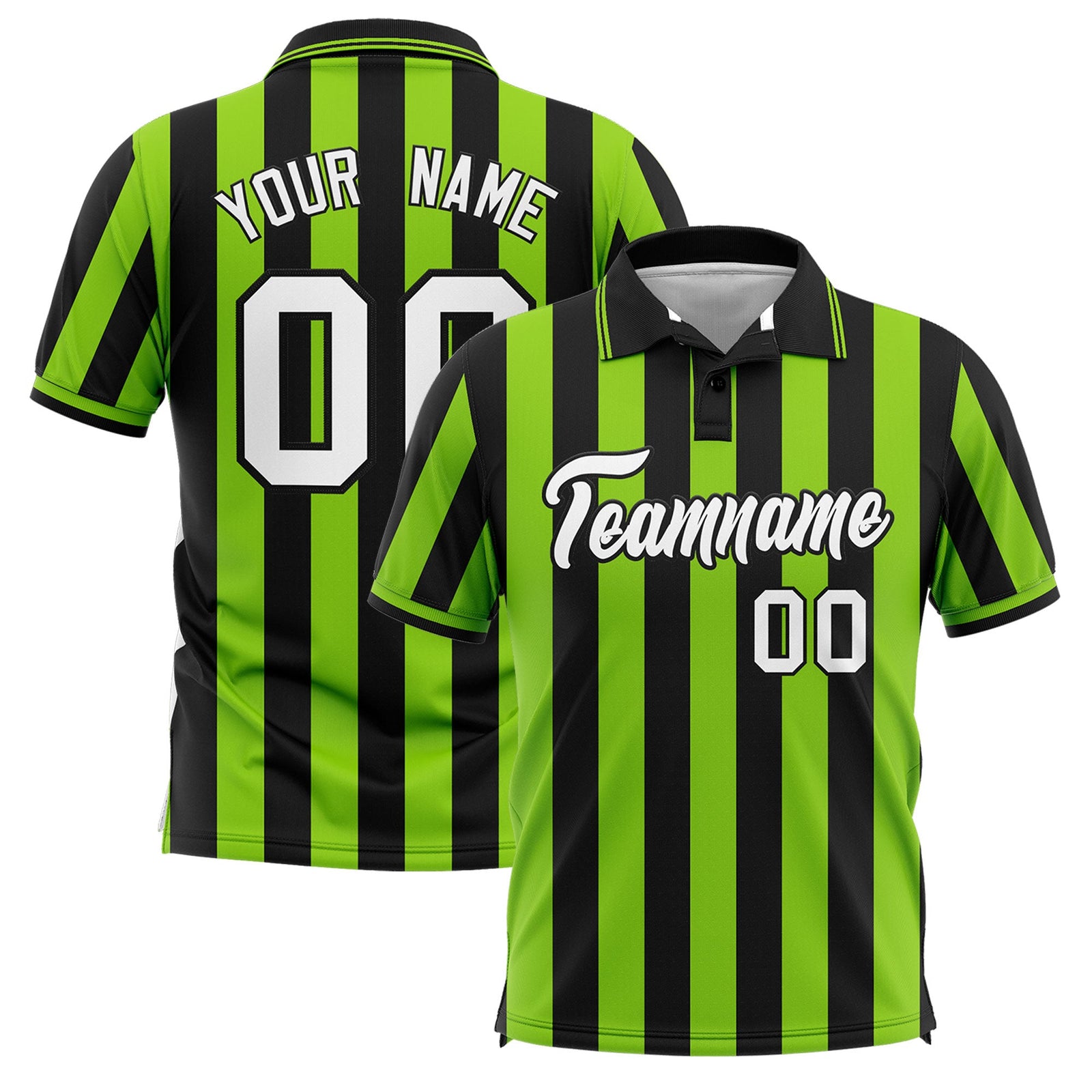 Custom Black Neon Green Vertical Stripes Design Performance Polo Shirt