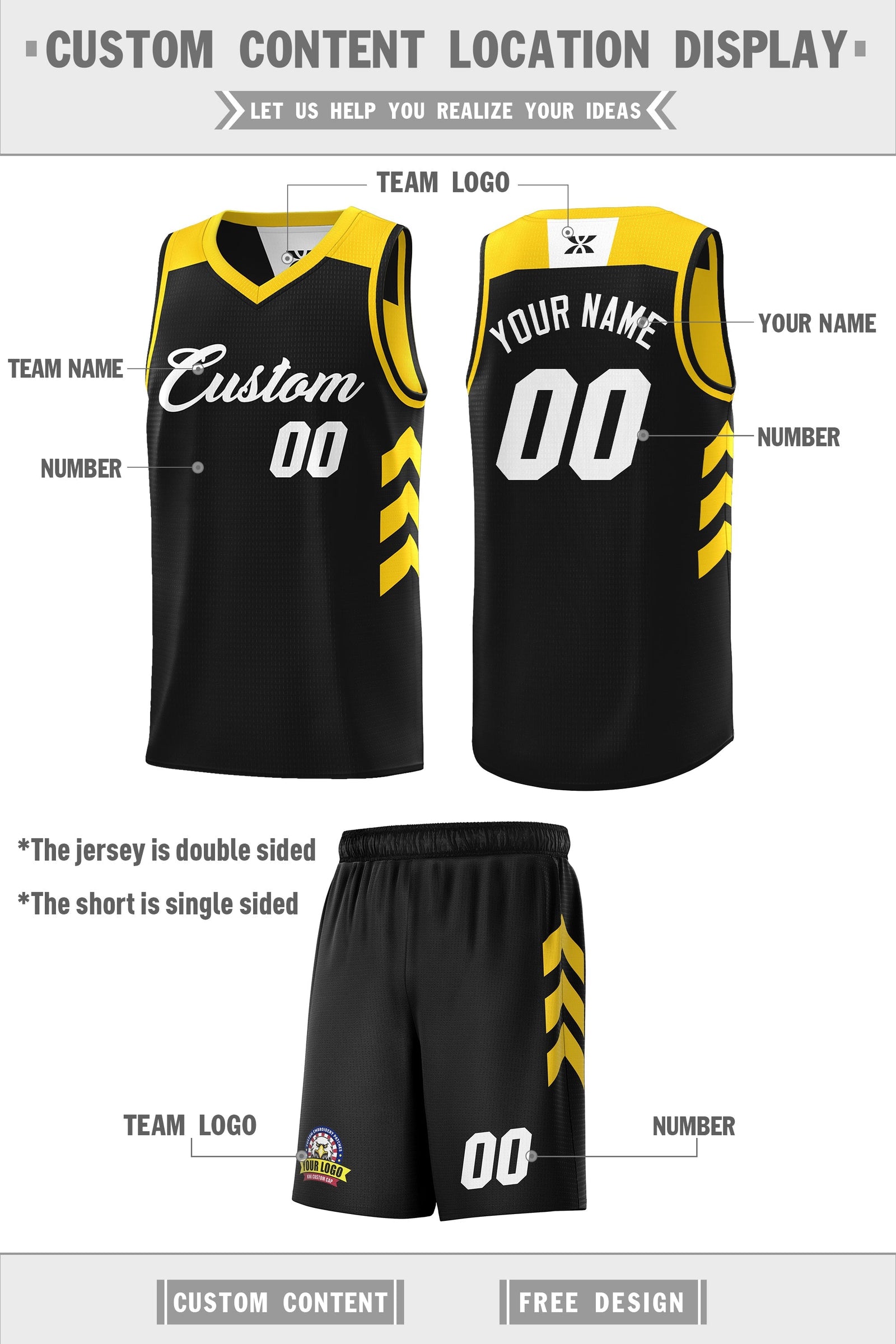 Custom Black Yellow Double Side Sets Personalized Basketball Jersey