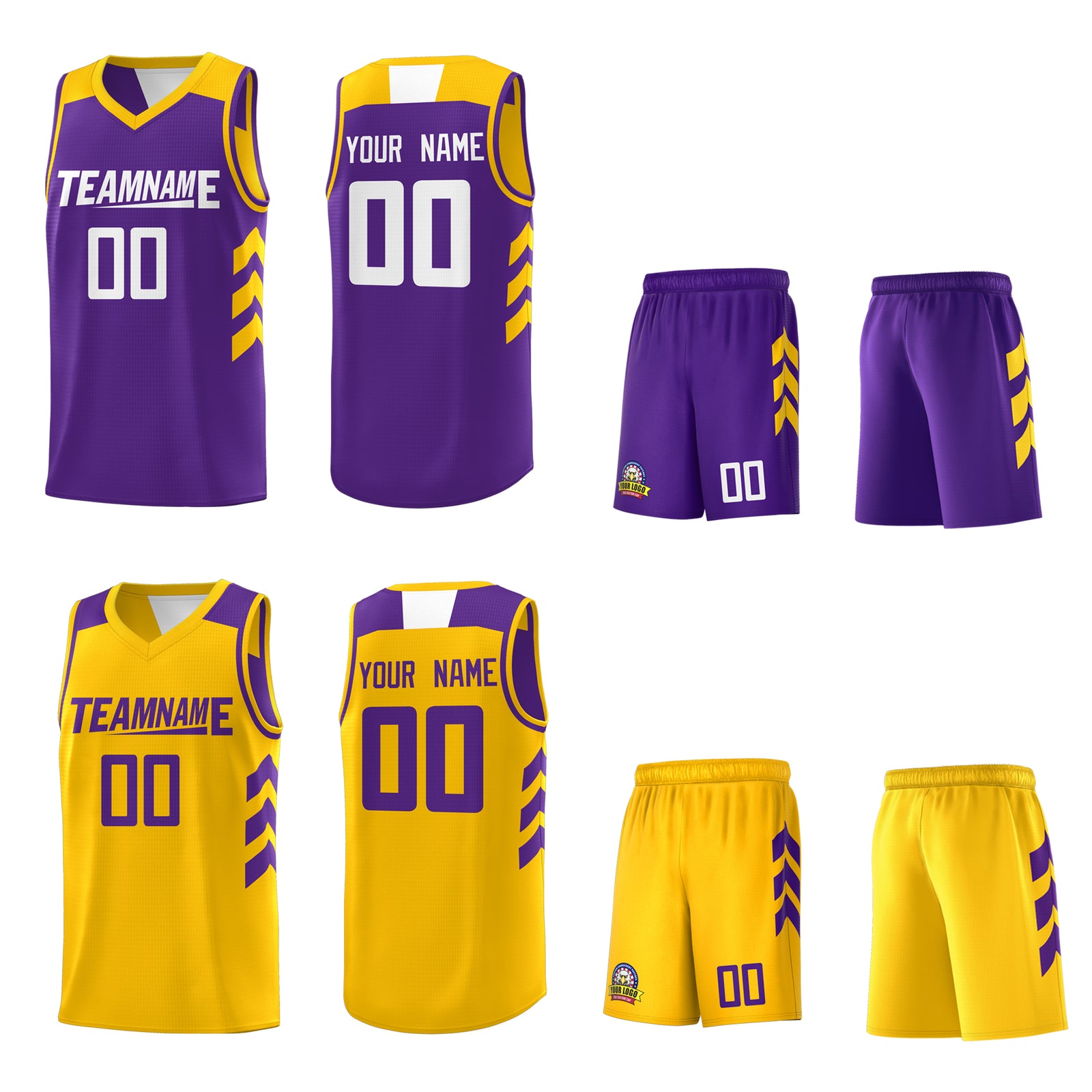 Custom Purple Yellow Reversible Double Side Tops Basketball Jersey