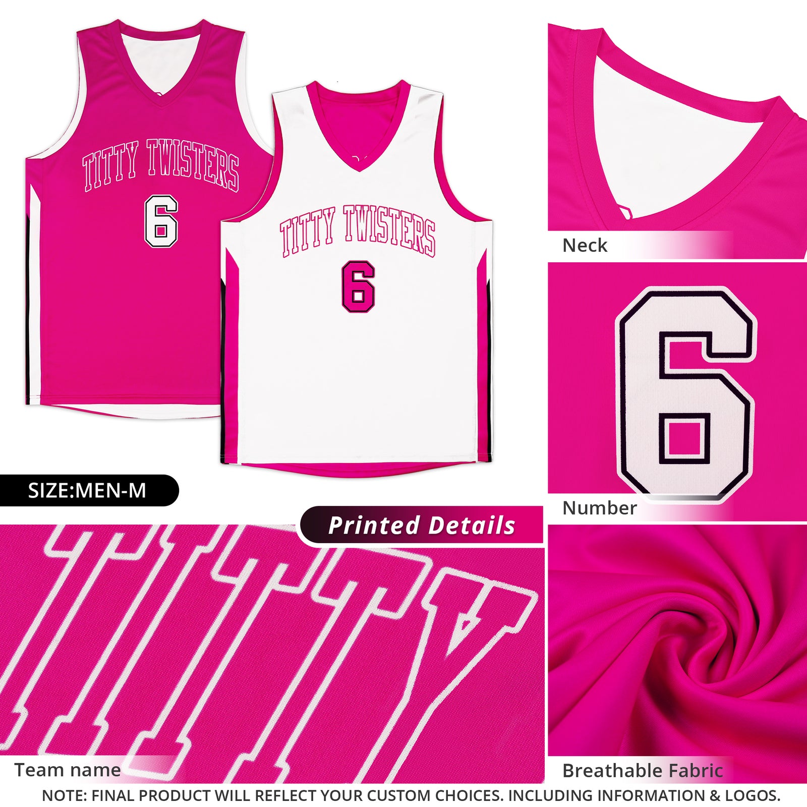 Custom Pink White Double Side Tops Training Fashion Basketball Jersey