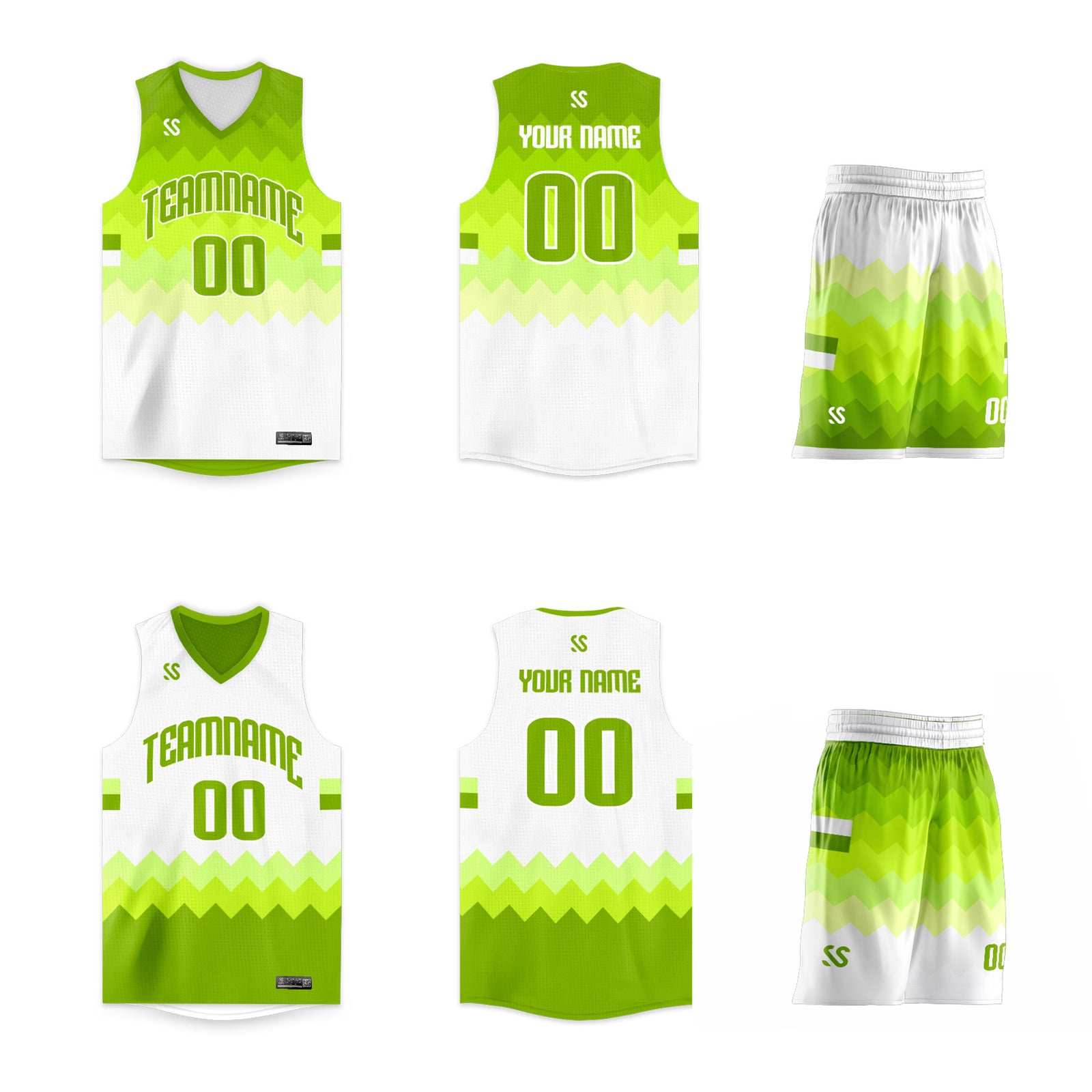 Custom Neon Green White Double Side Sets Sports Basketball Jersey