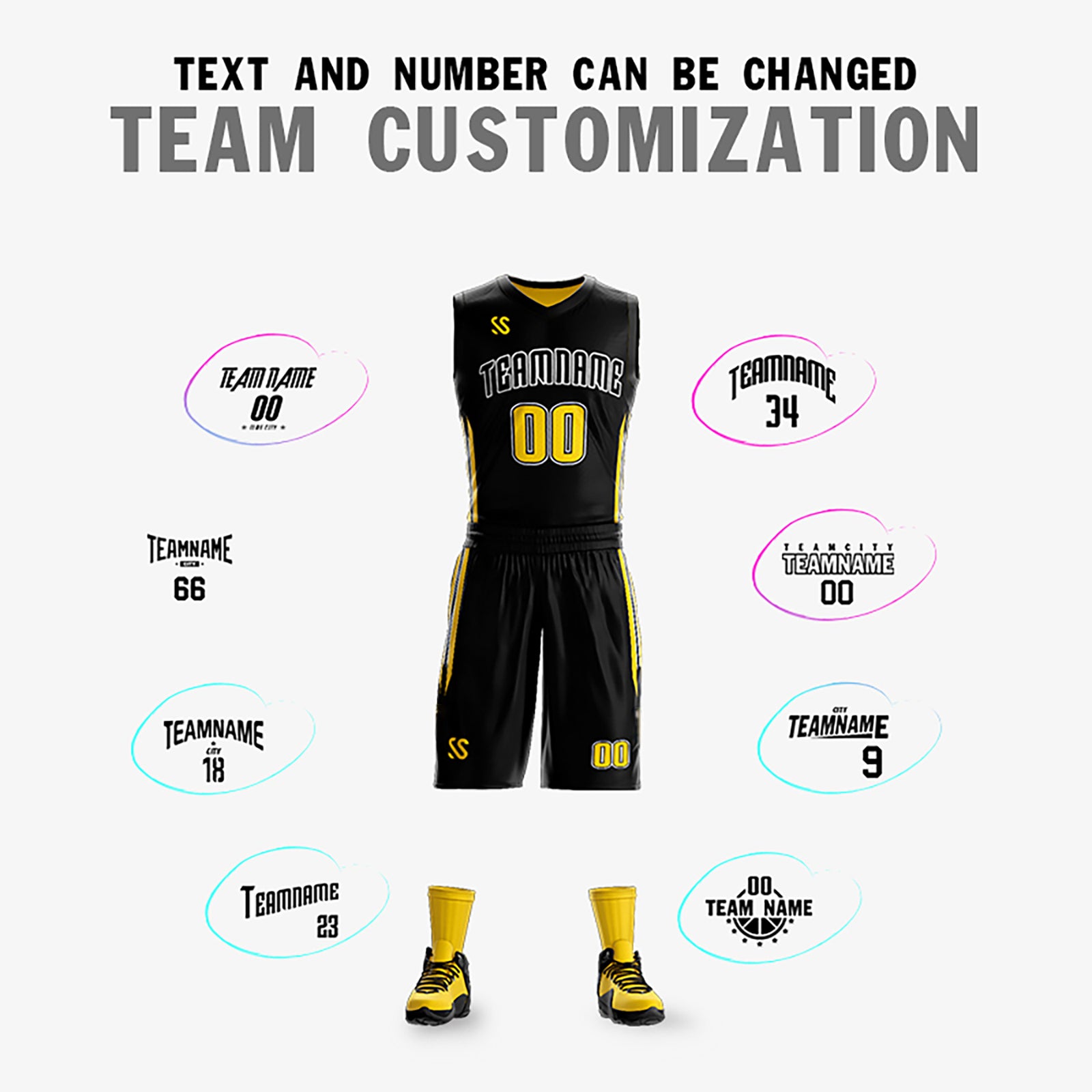 Custom Black Yellow Double Side Sets Design Sportswear Basketball Jersey