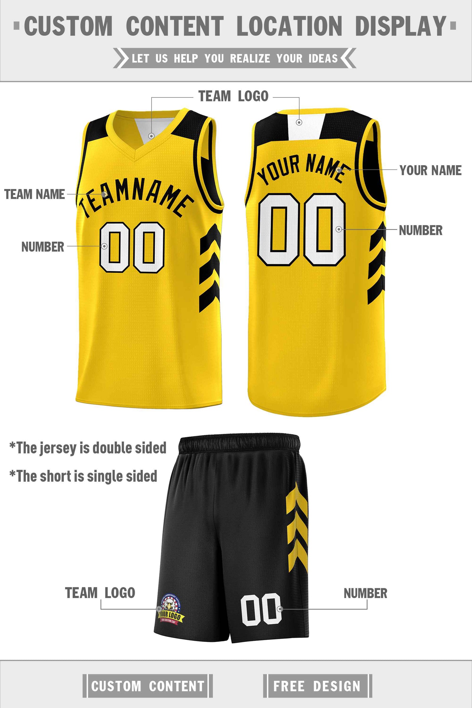 Custom Black Yellow Double Side Sets Personalized Basketball Jersey