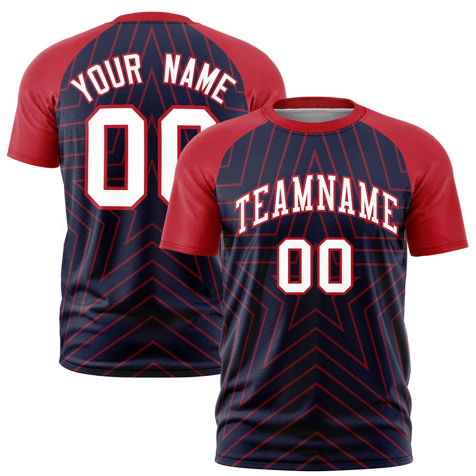 Custom Navy Red Personalized Star Pattern Raglan Sleeves Performance T-Shirt