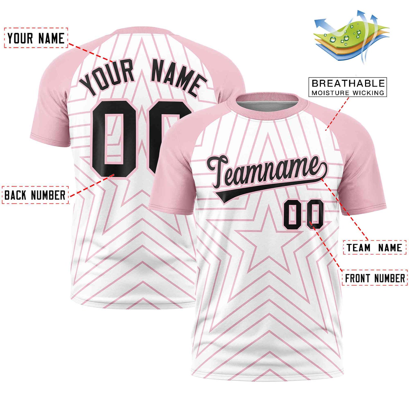 Custom White Light Pink Personalized Star Pattern Raglan Sleeves Performance T-Shirt