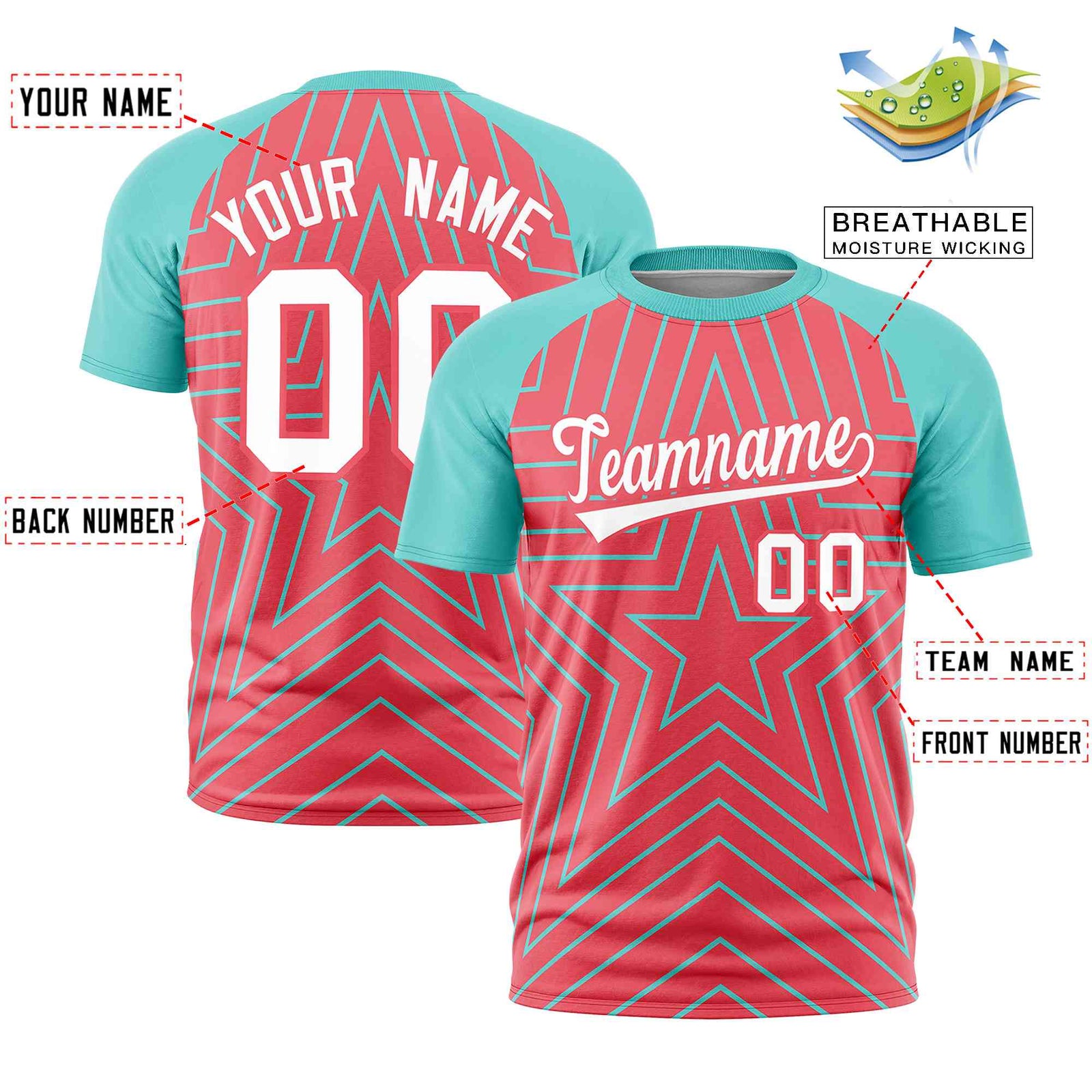 Custom Light Red Aqua Personalized Star Pattern Raglan Sleeves Performance T-Shirt