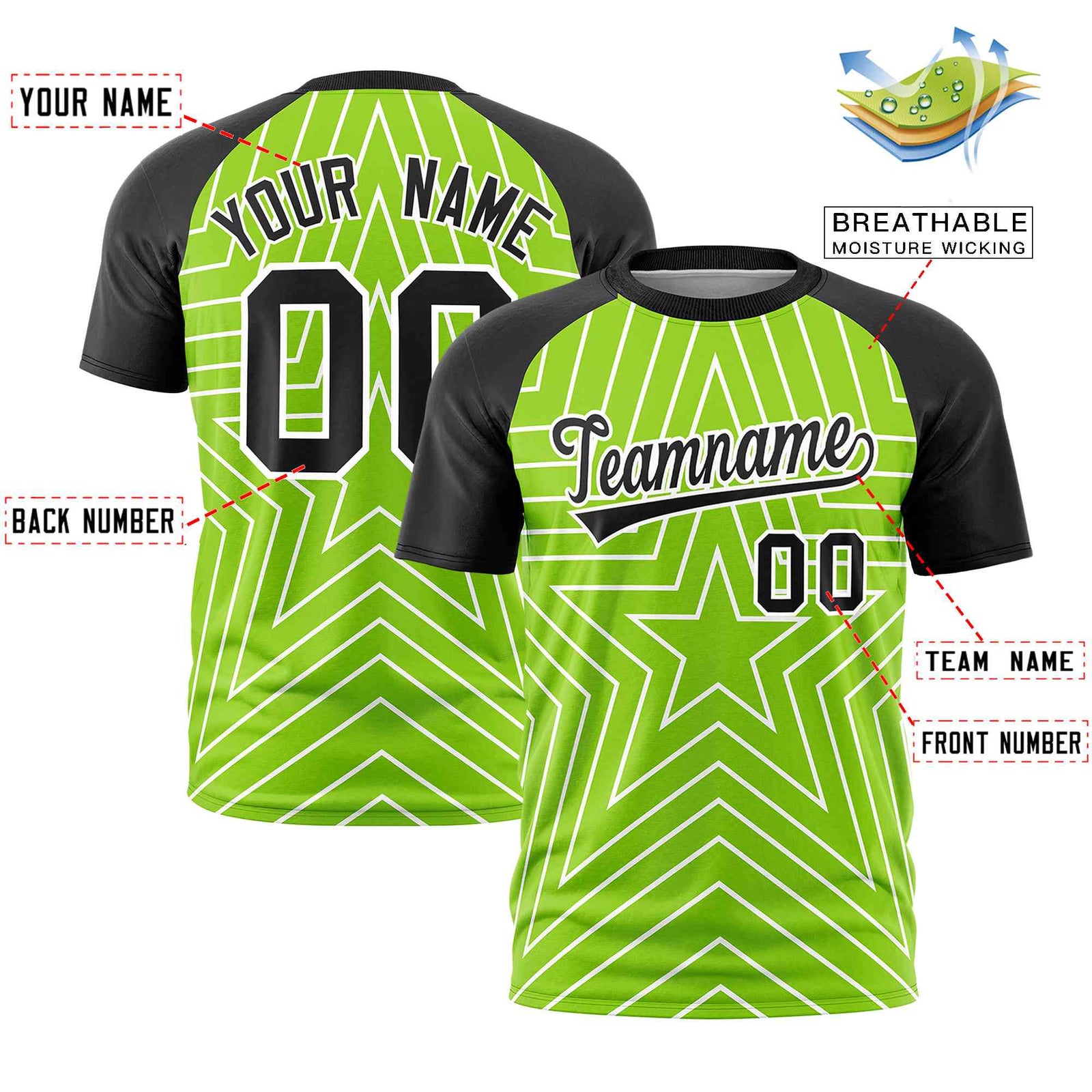 Custom Neon Green Black Personalized Star Pattern Raglan Sleeves Performance T-Shirt