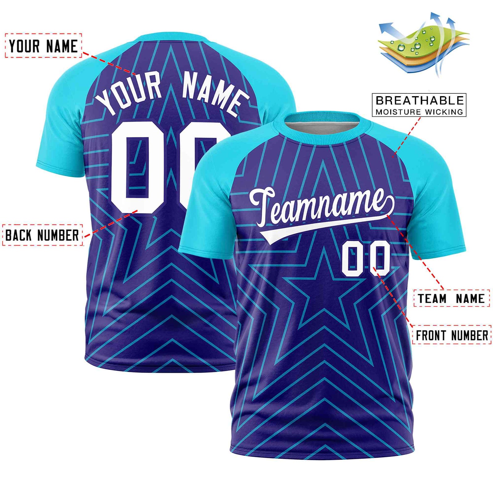 Custom Violet Sky Blue Personalized Star Pattern Raglan Sleeves Performance T-Shirt
